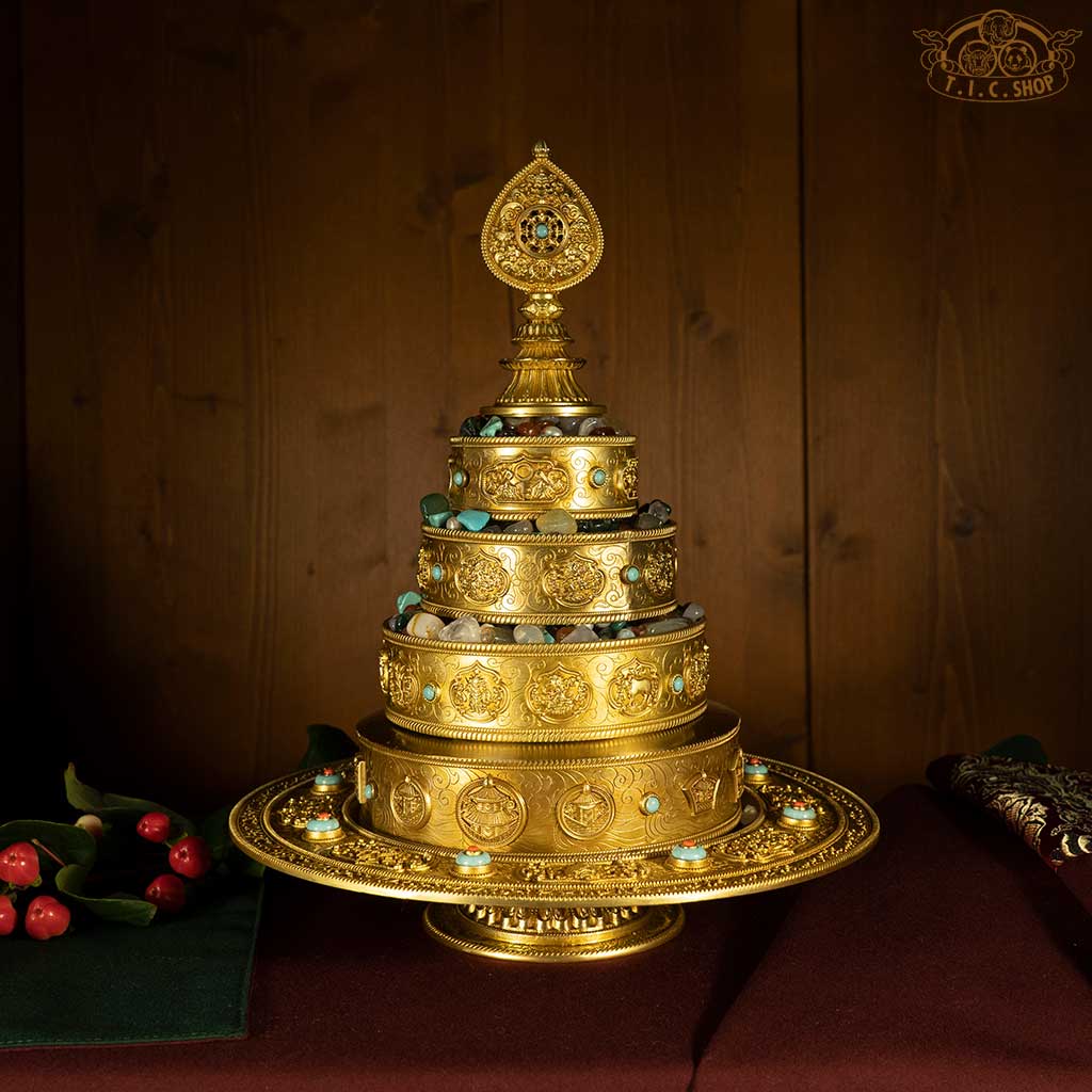 HUIBAO Mandala spiral stupa top engraved with Eight Auspicious Symbols, Tibetan Buddhist sacred circle for meditation, offering, and merit accumulation, base diameter 14.5 cm