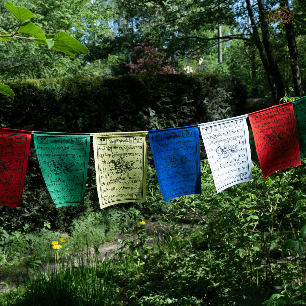 Colorful 100% cotton Windhorse prayer flags featuring traditional Tibetan symbols