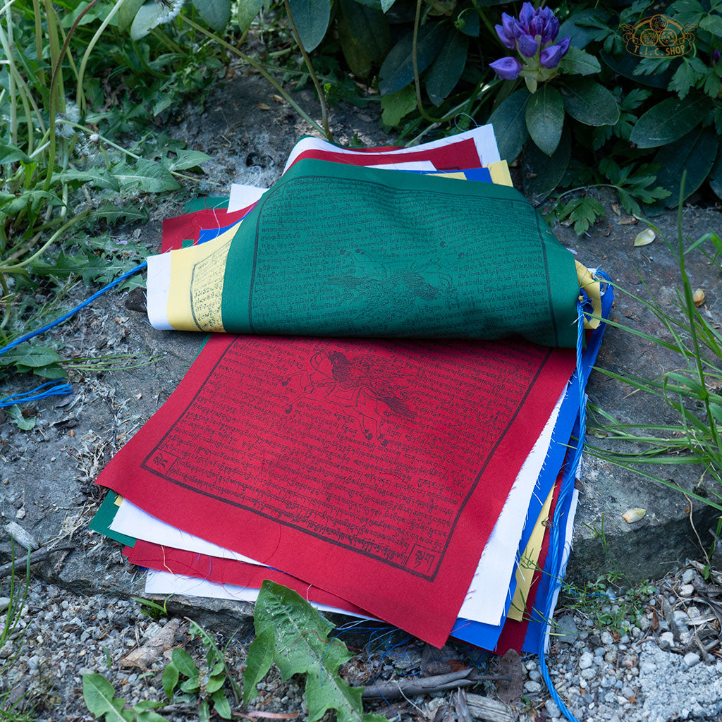 Set of 25 hand-printed cotton Windhorse prayer flags on an 8 m string, ideal for meditation and spiritual practice