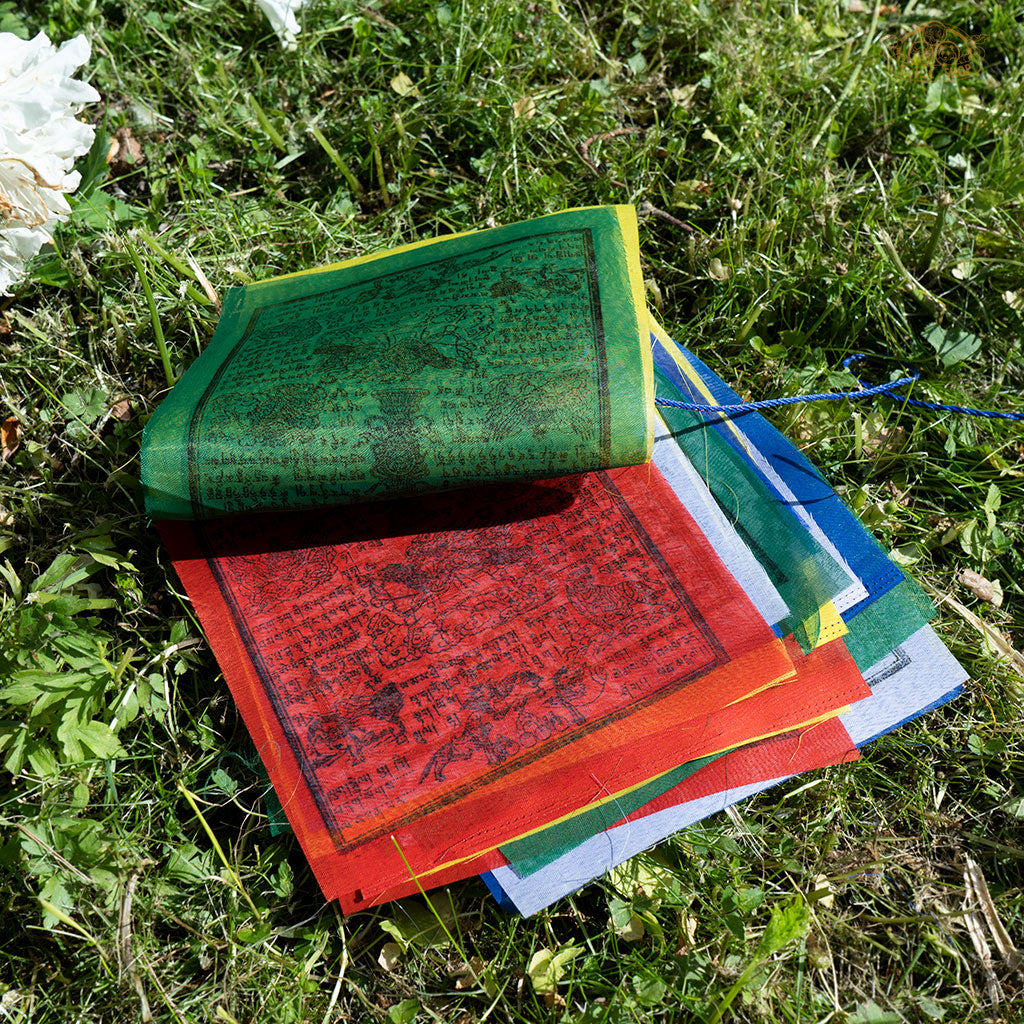 Colorful Tibetan Windhorse prayer flags made of polyester, used for meditation, blessing, and spiritual practices