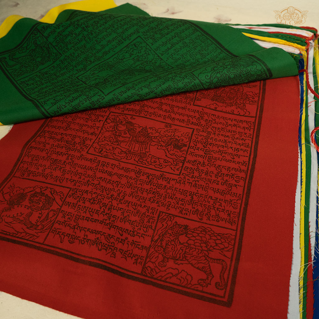 Set of 25 hand-printed cotton Windhorse prayer flags on a 10 m string, ideal for outdoor display and enhancing spiritual energy