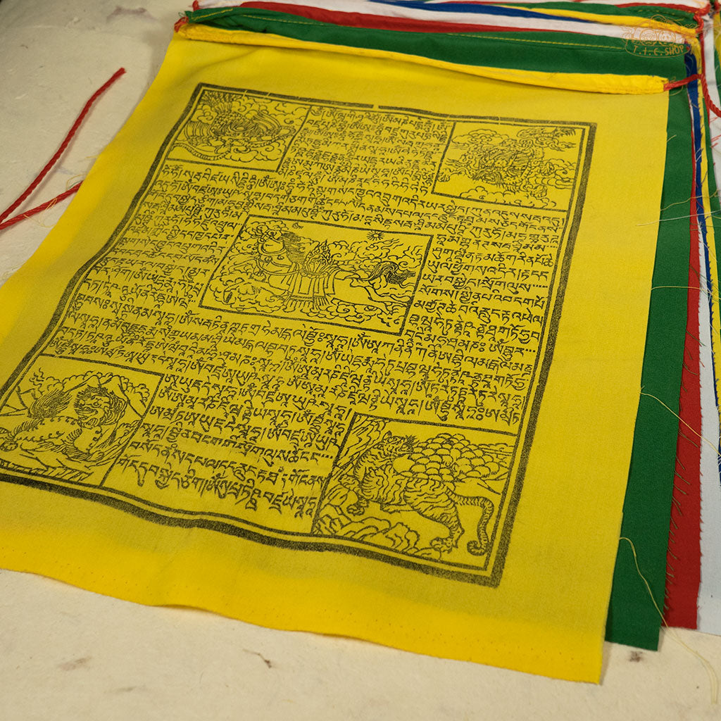Long string of 25 hand-printed cotton Windhorse prayer flags, each 35x40 cm, promoting peace, protection, and positive energy