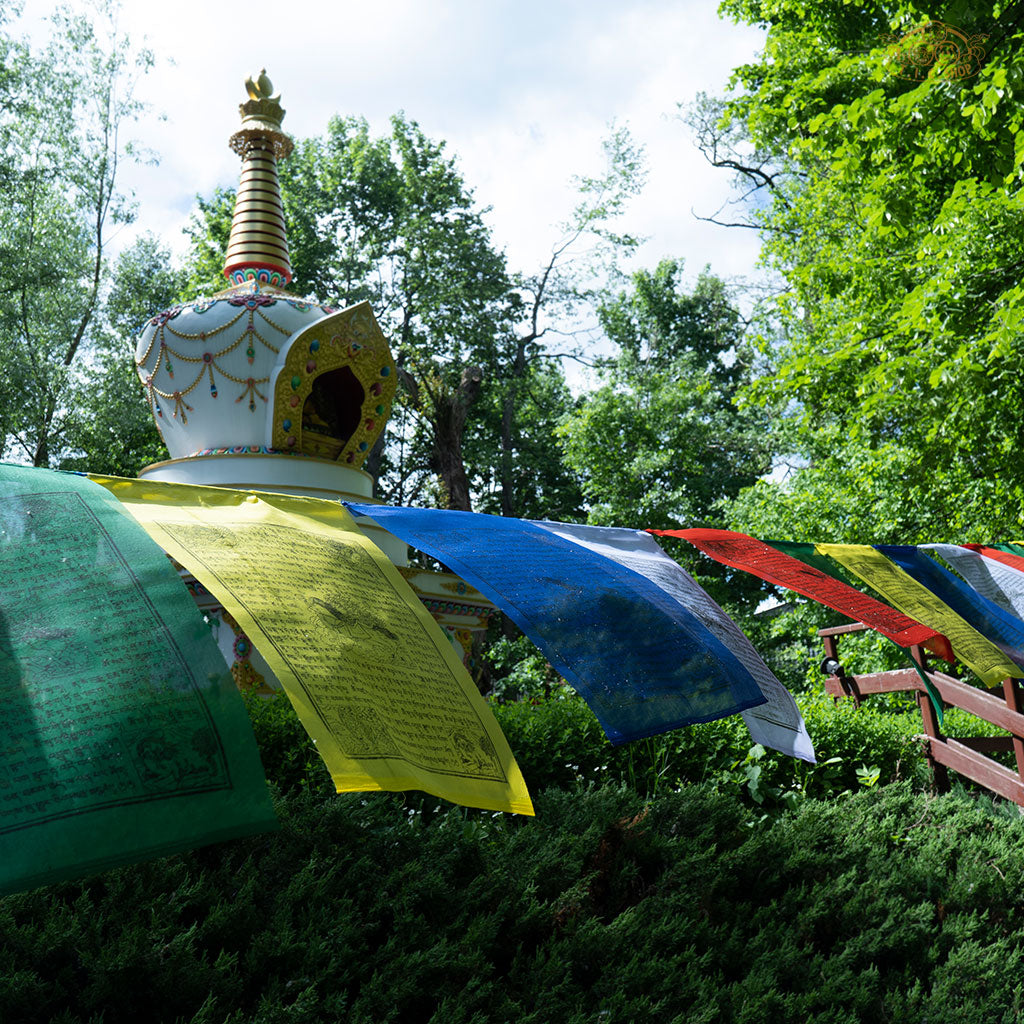 Outdoor string of 25 polyester Windhorse prayer flags, 10 m long, promoting protection, peace, and positive energy