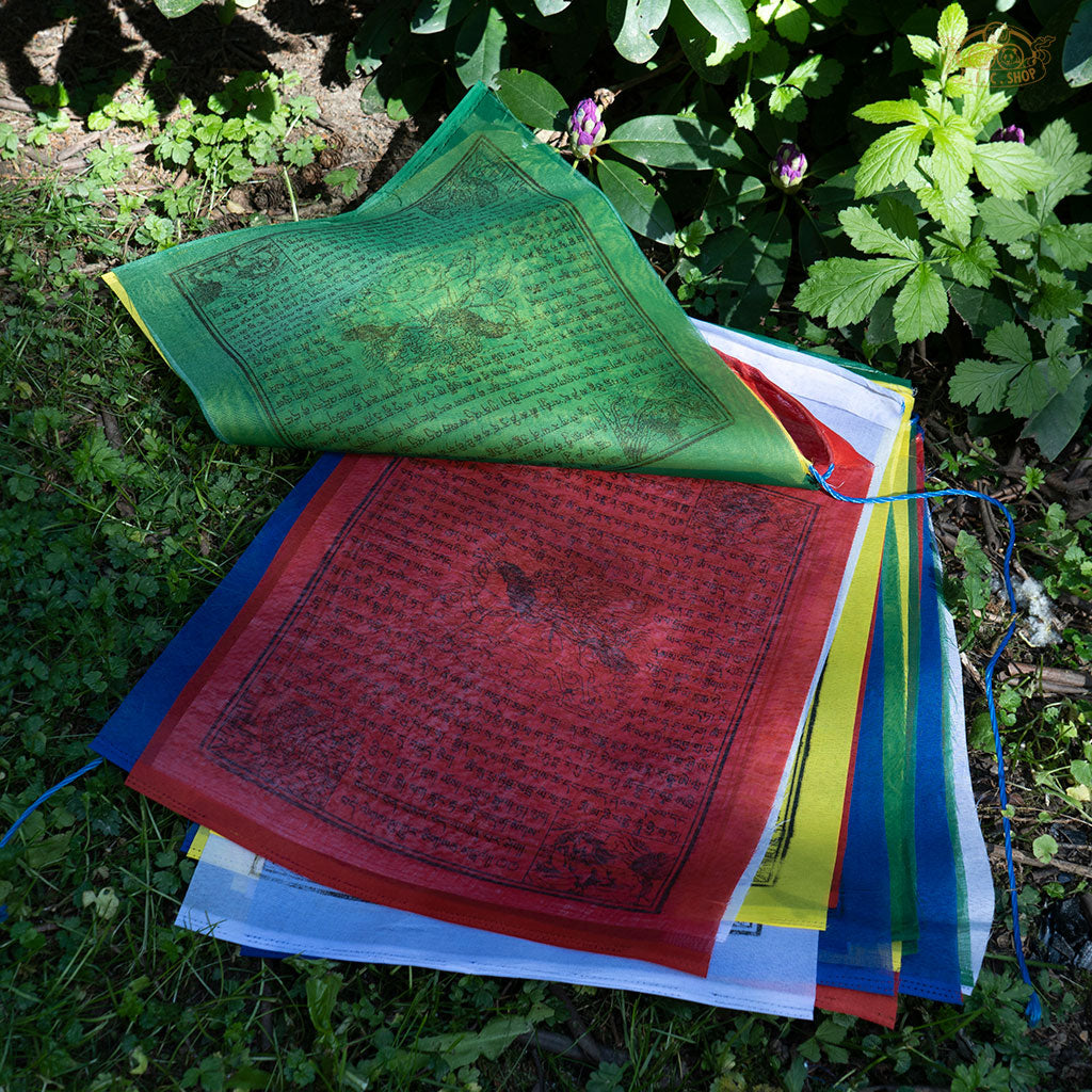 Colorful Tibetan Windhorse prayer flags made from polyester, showcasing traditional symbols for harmony and meditation