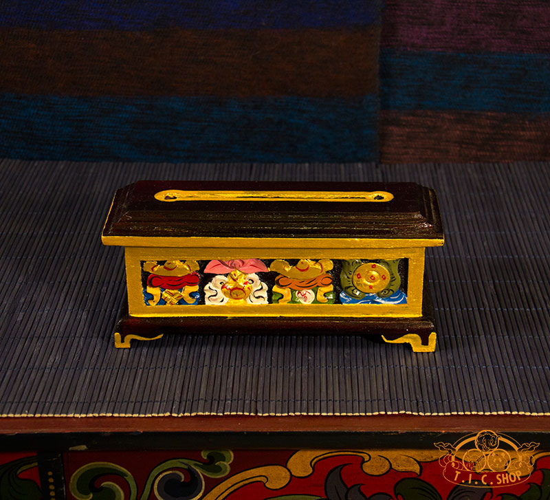Front view of Tibetan wooden incense burner box with hand-carved and painted 8 Auspicious Symbols.