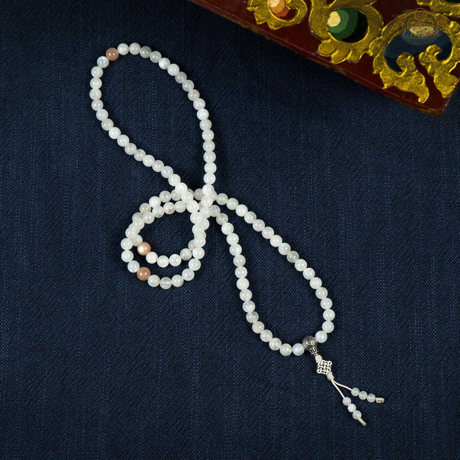 Moonstone 6mm 108 Beads Prayer Mala with 925 Silver Guru Bead