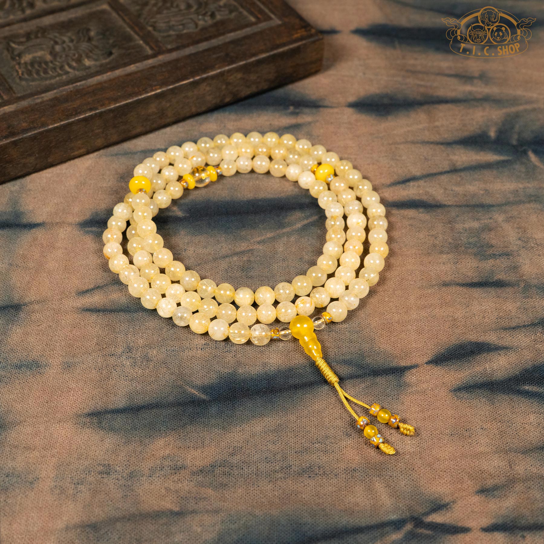 Golden Rutilated Quartz 7mm 108-Bead Traditional Prayer Mala