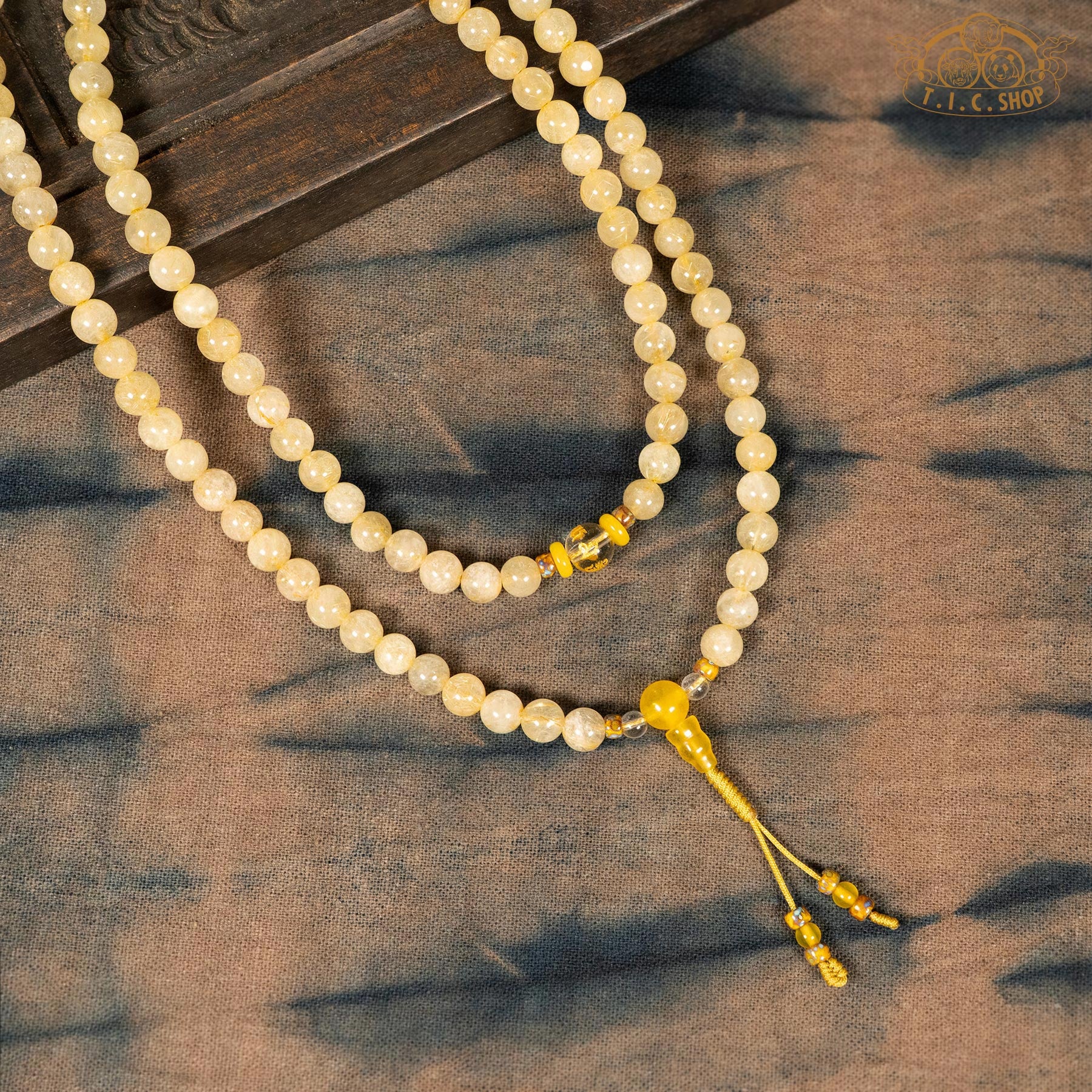 Golden Rutilated Quartz 7mm 108-Bead Traditional Prayer Mala