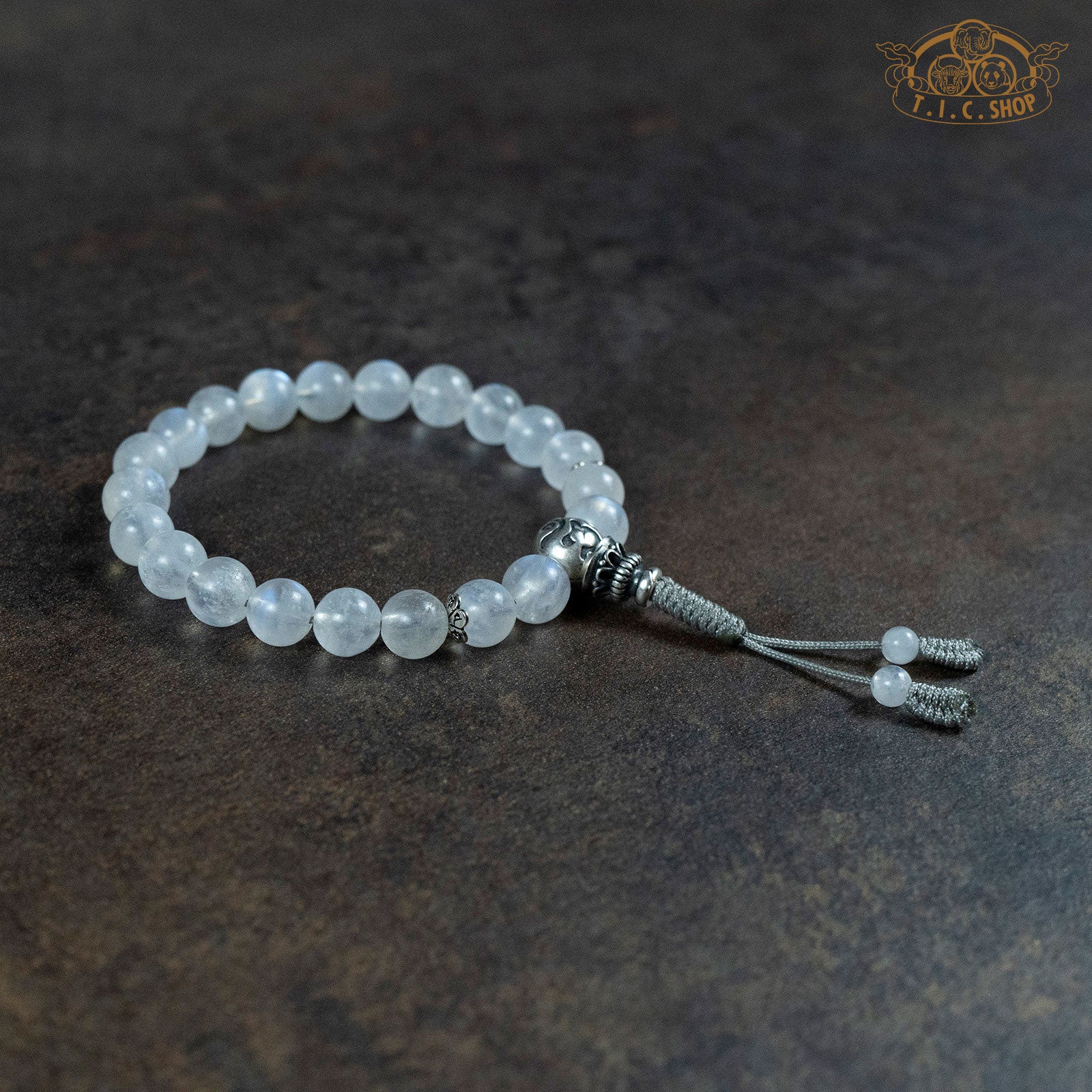 Silver Moonlight Moonstone 8mm Beads Wrist Mala with 925silver Guru Bead