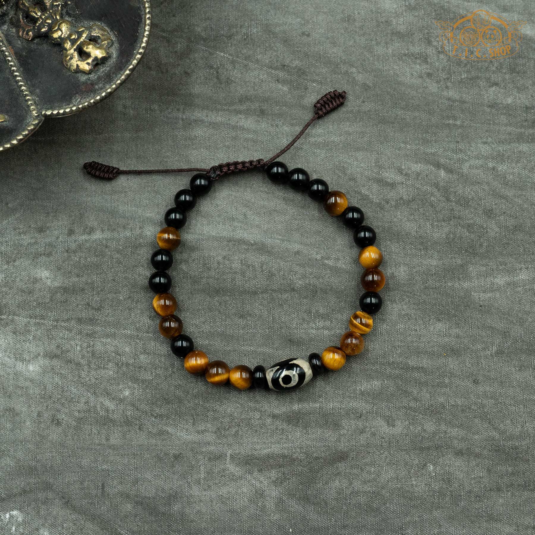 Dzi Bead Tiger Eye Obsidian 6mm Beads Bracelet