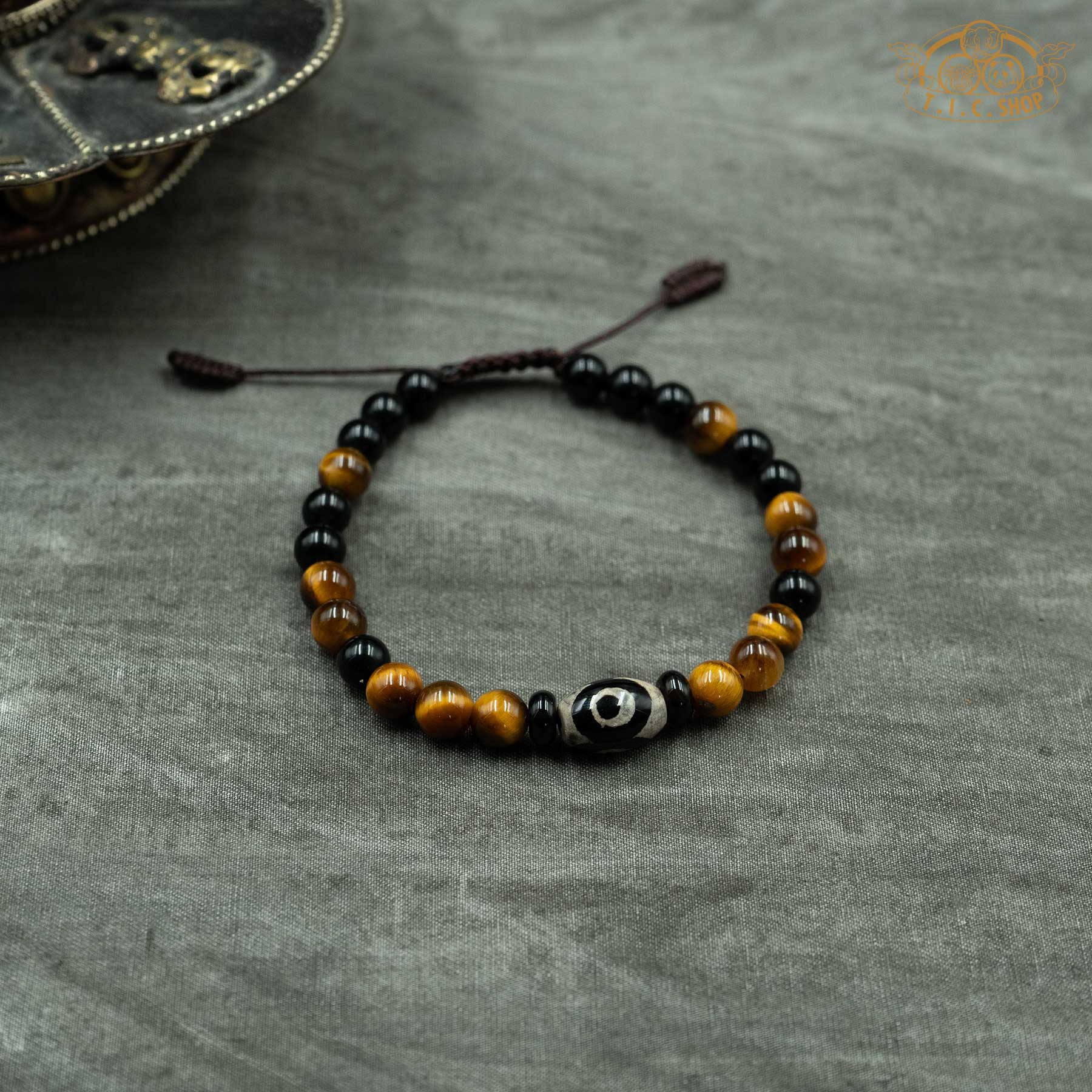 Dzi Bead Tiger Eye Obsidian 6mm Beads Bracelet