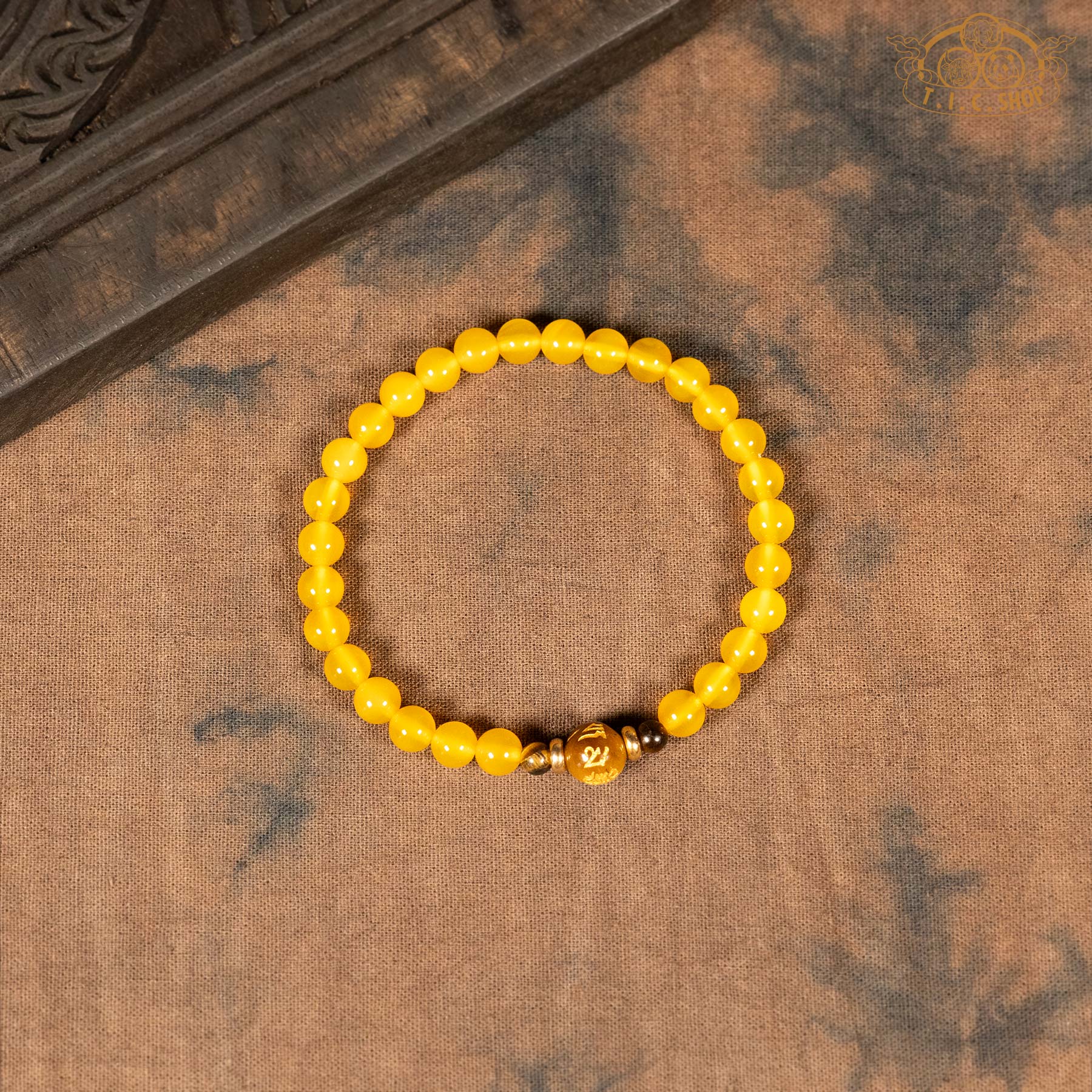 Yellow Agate 6mm Bead Bracelet with Tiger's Eye Mantra Bead