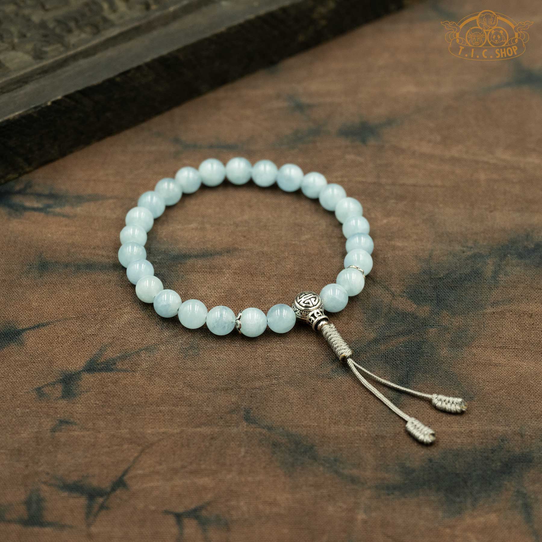 'Heavenly Lake' Aquamarine 7mm Wrist Mala with S925 Guru Bead