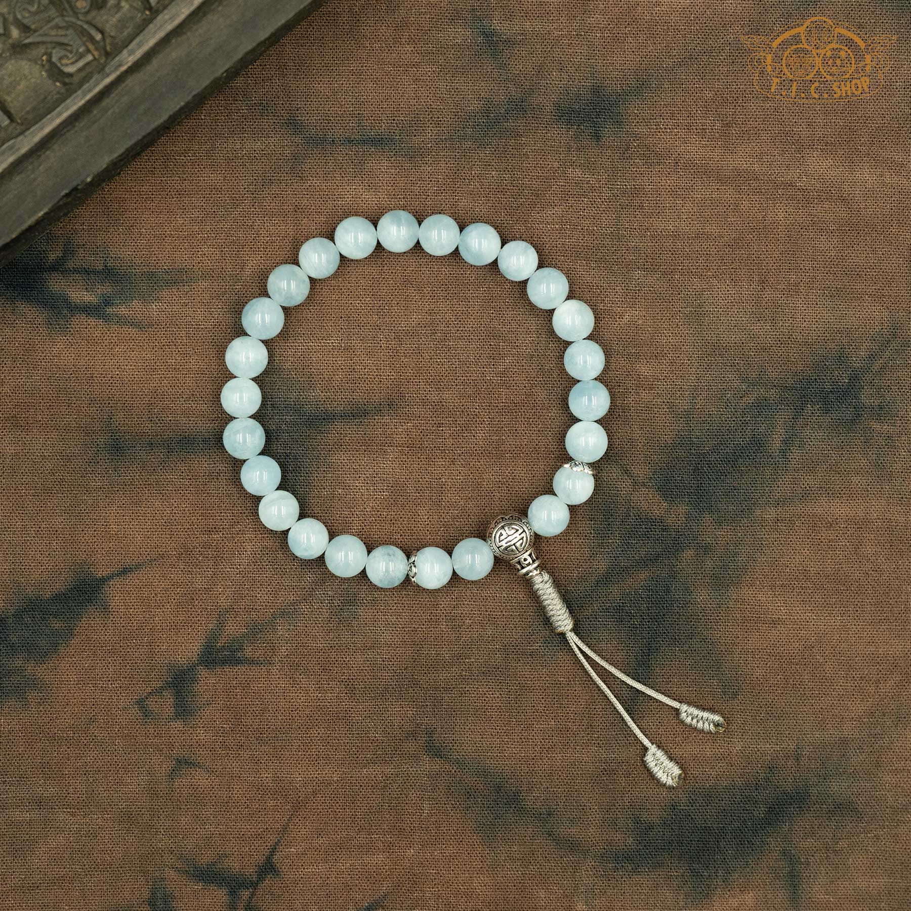 'Heavenly Lake' Aquamarine 7mm Wrist Mala with S925 Guru Bead