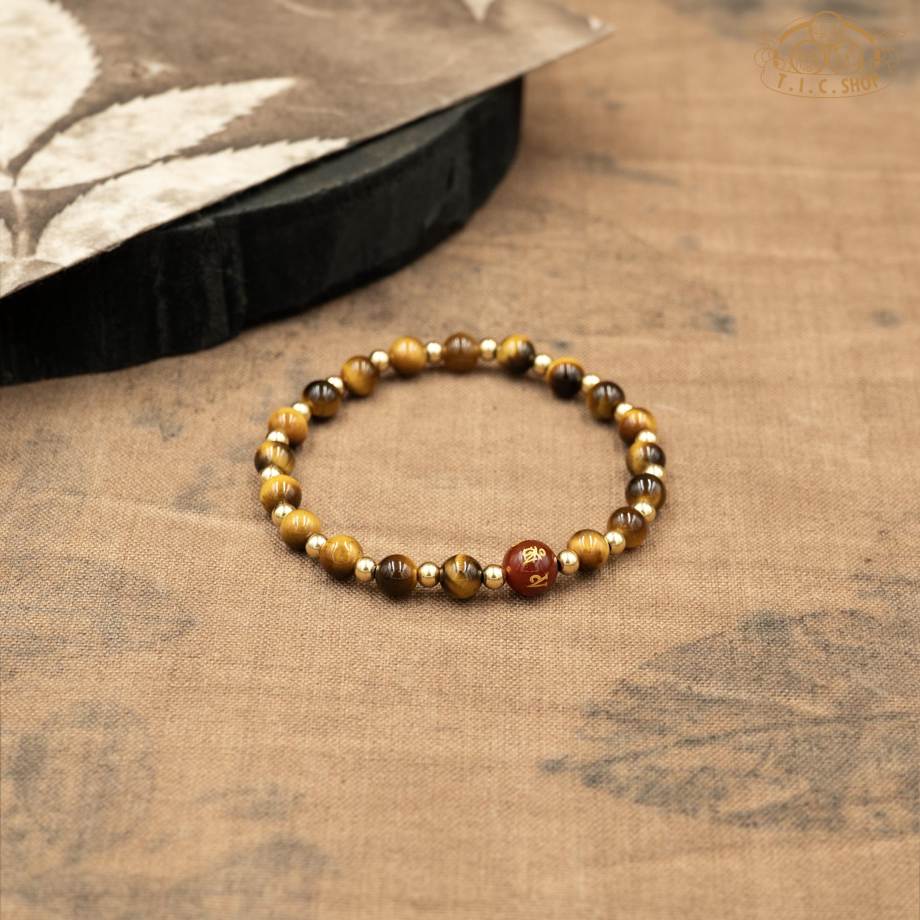 Om Mani Padme Hum Red Agate with Tiger's Eye 6mm Beads Bracelet