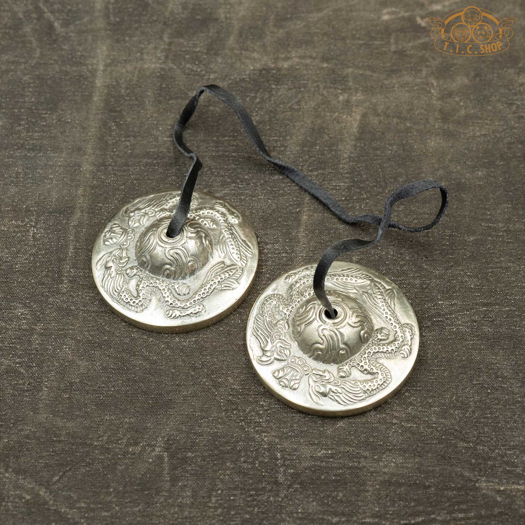 Front view of Dragon Motif Tibetan Tingsha Meditation Bells 6.8cm