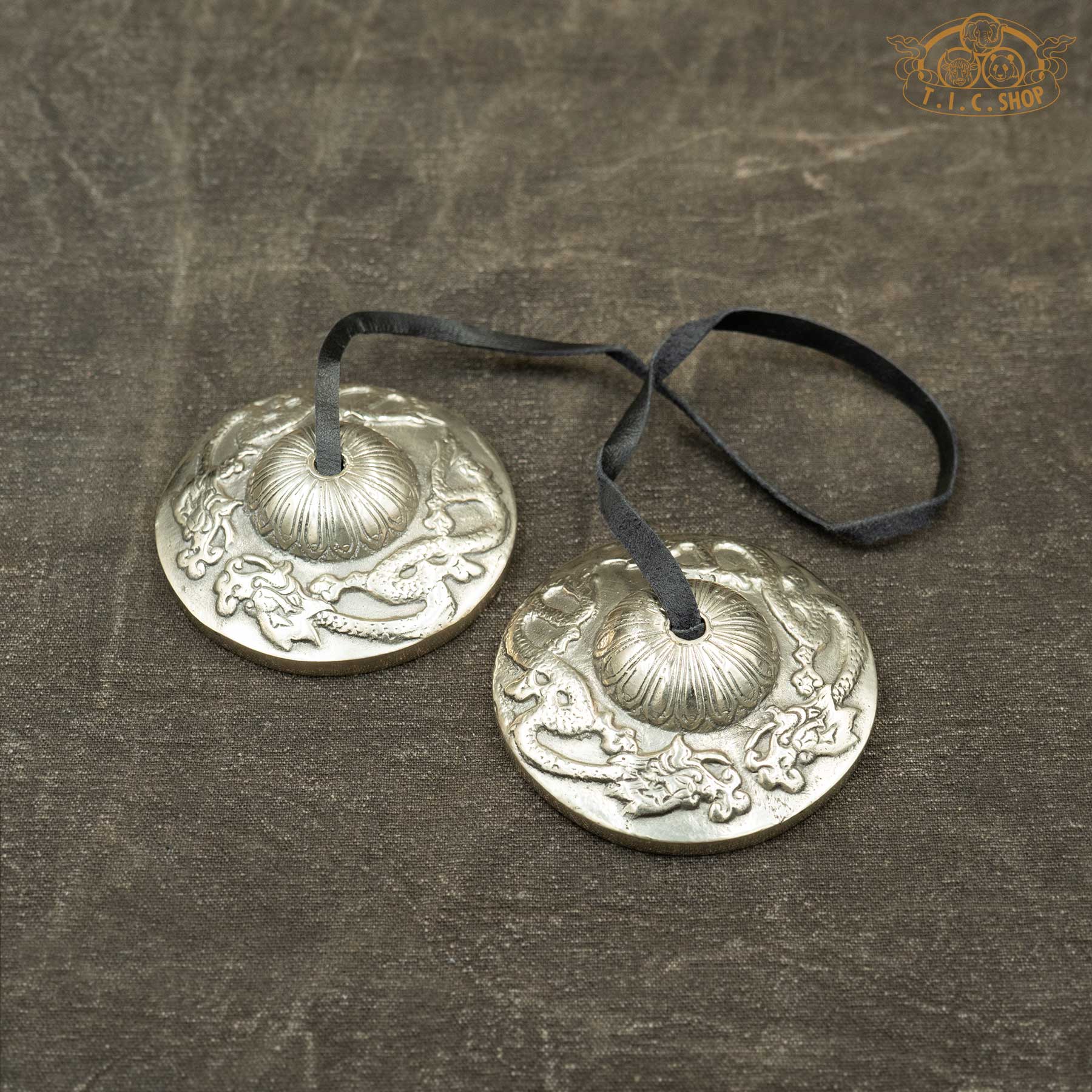 Front view of Dragon Motif Tibetan Tingsha Meditation Bells 7.5cm