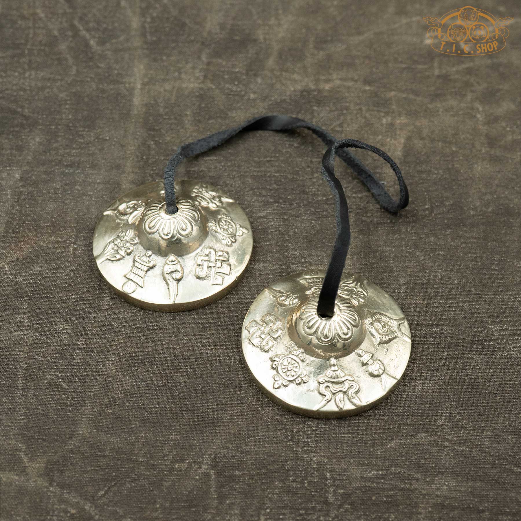 Front view of Eight Auspicious Symbols Tibetan Tingsha Meditation Bells 6.5cm