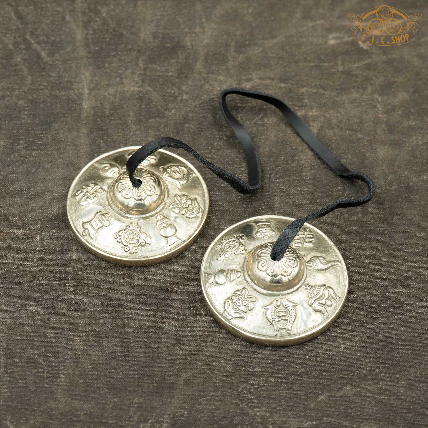 Front view of Eight Auspicious Symbols Tibetan Tingsha Meditation Bells 6.8cm