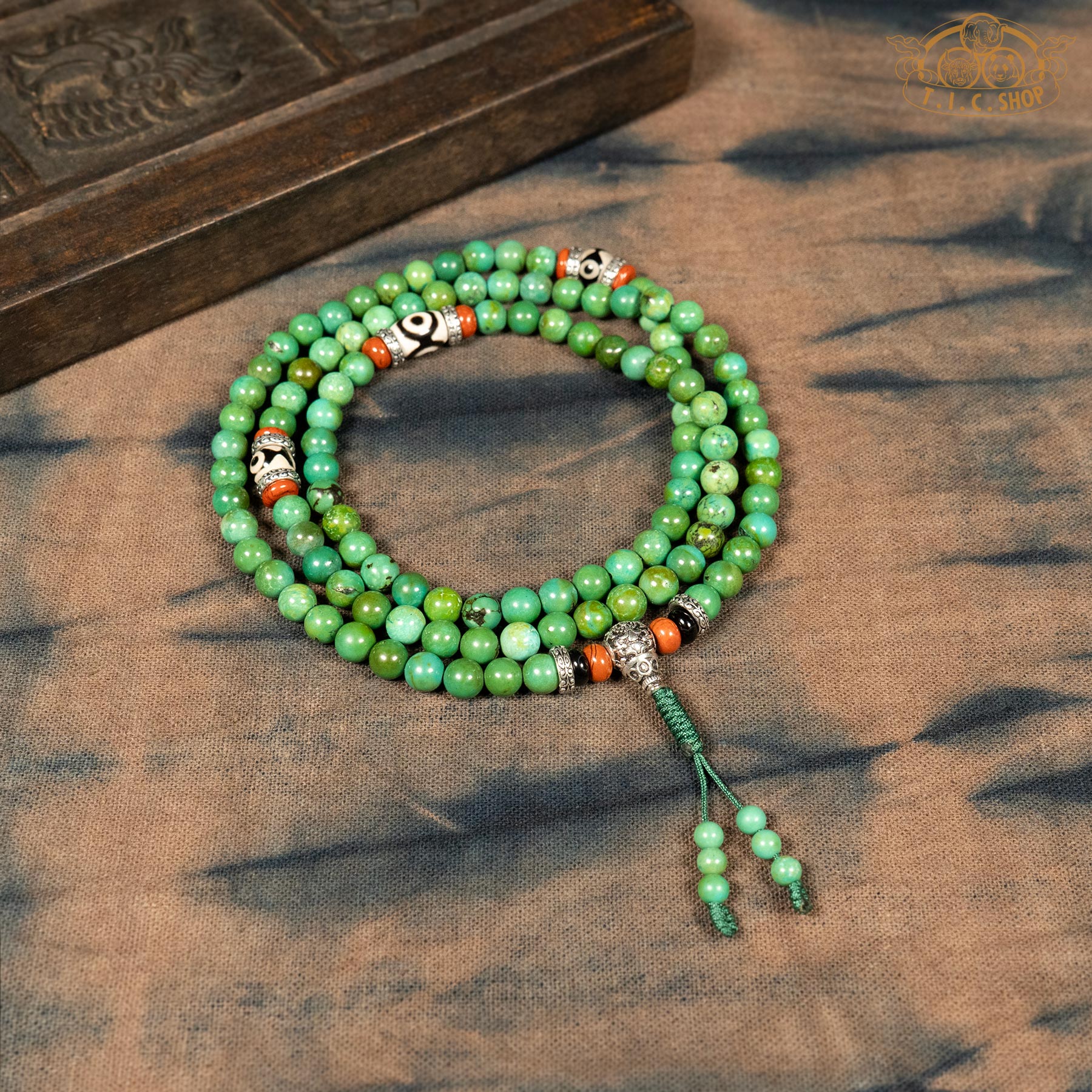 Enhanced turquoise stone 6mm 108-Bead traditional prayer mala with hanging beads