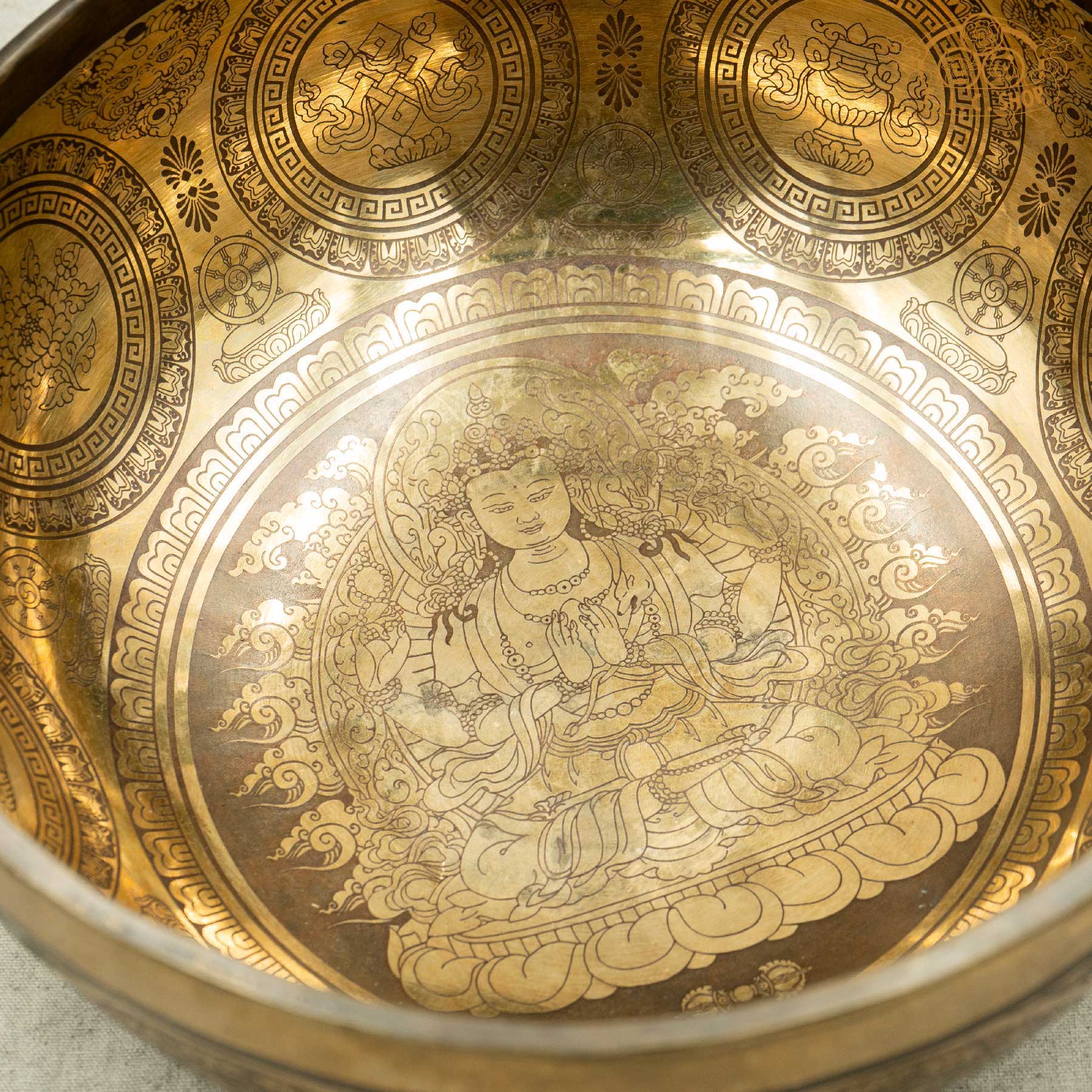 Detail of Four-Armed Avalokiteshvara Brass Singing Bowl 25.5cm
