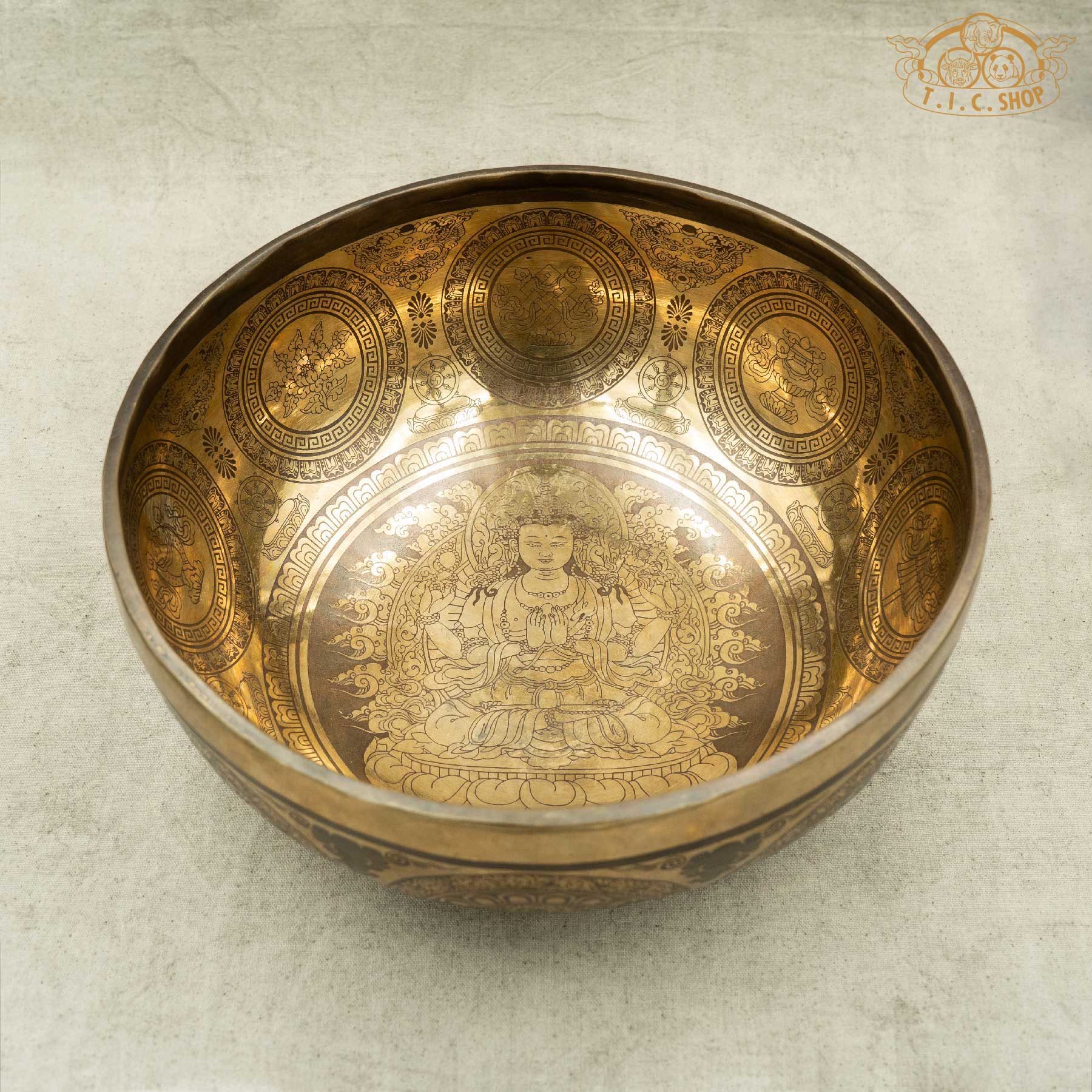 Four-Armed Avalokiteshvara Brass Singing Bowl 25.5cm