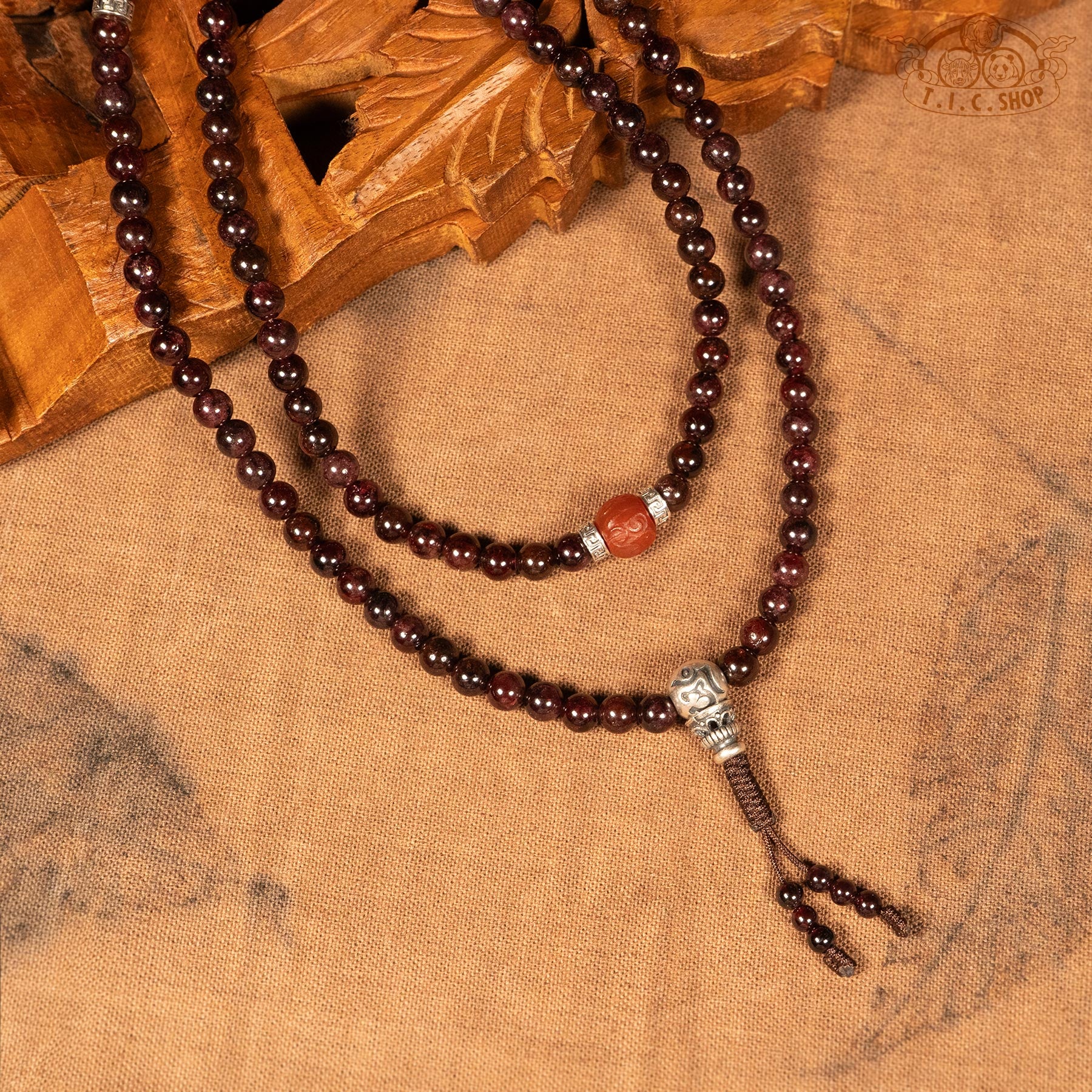 Details of garnet 6mm 108-Bead Traditional Prayer Mala