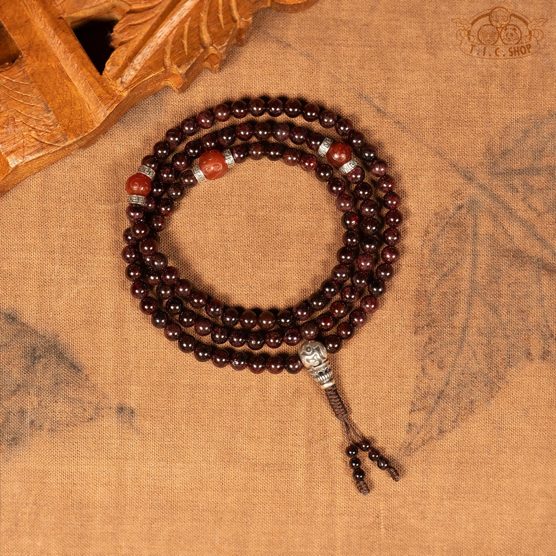top view of garnet 6mm 108-Bead Traditional Prayer Mala