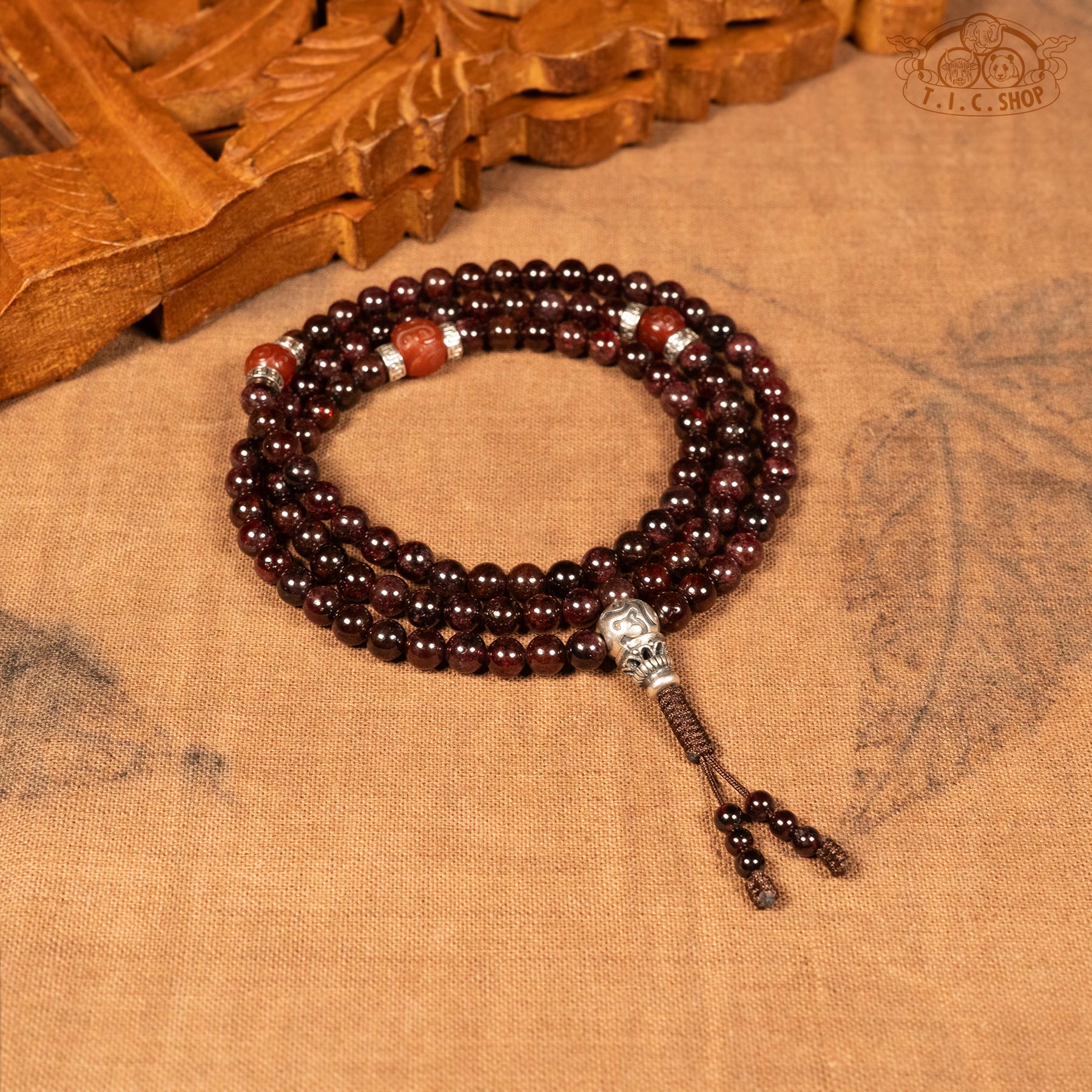 Garnet 6mm 108-Bead Traditional Prayer Mala with hanging beads