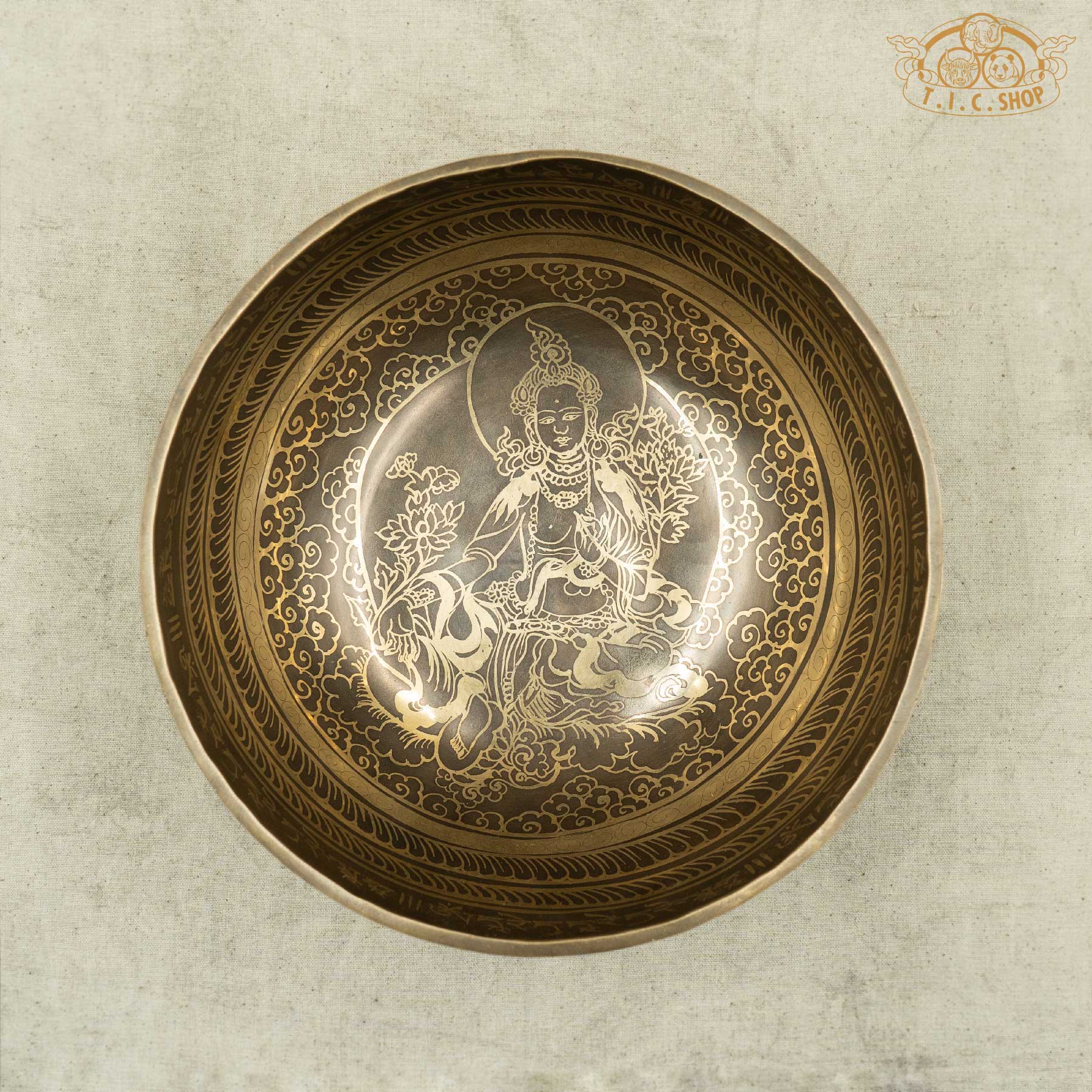 Top View of Green Tara Brass Singing Bowl 23cm