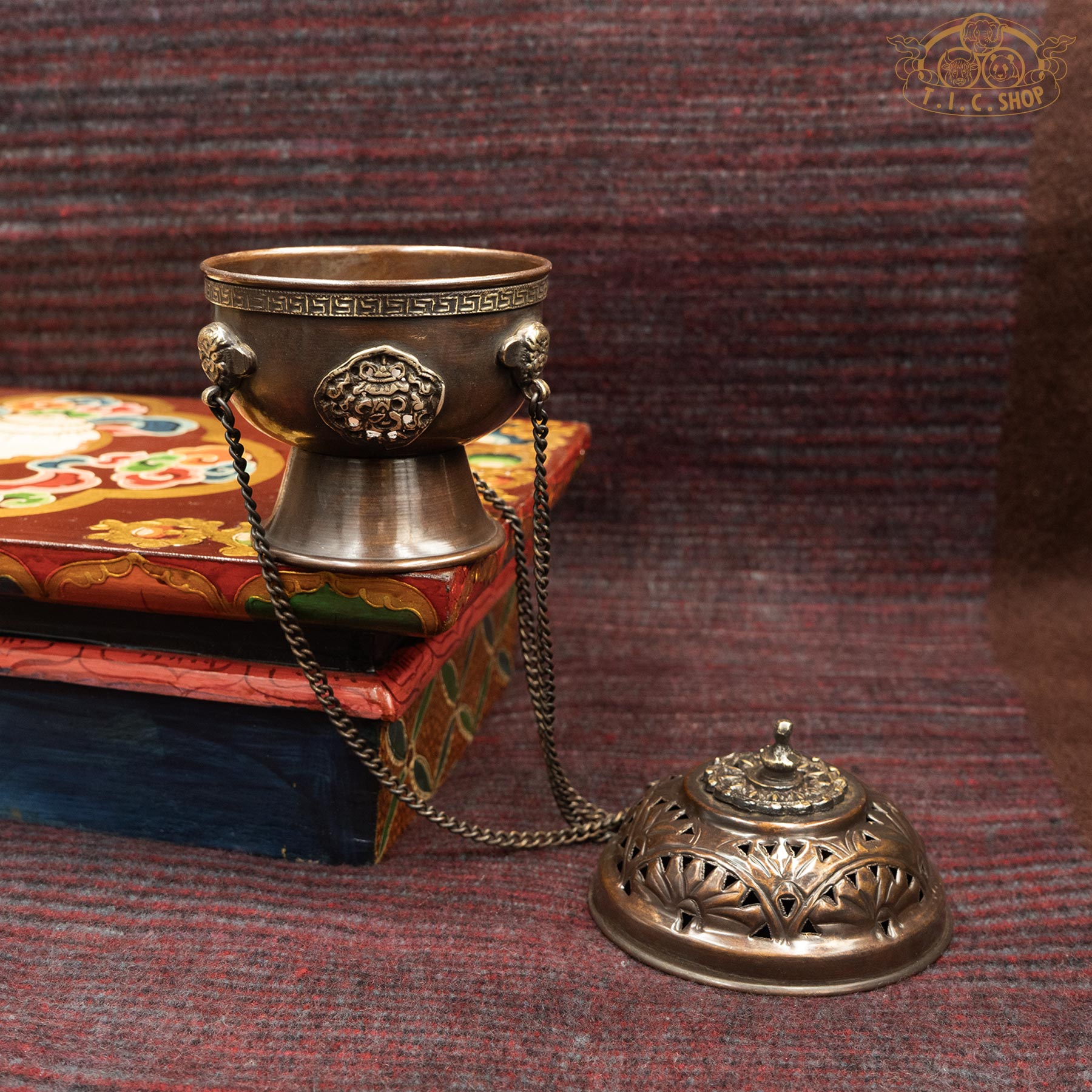 Open Handcrafted Antique Brass Round Hanging Incense Burner, Side View