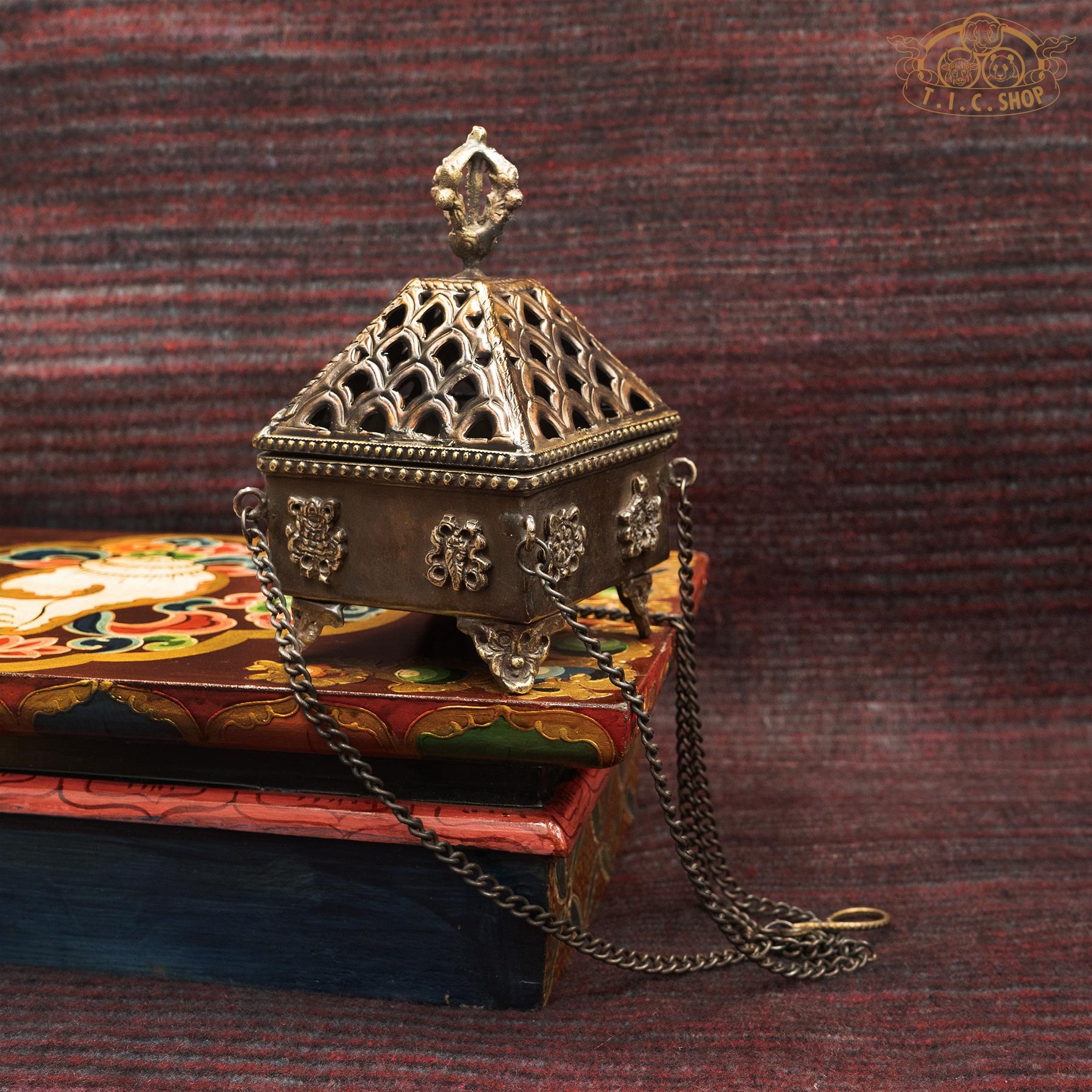 Handcrafted Antique Brass Square Hanging Incense Burner