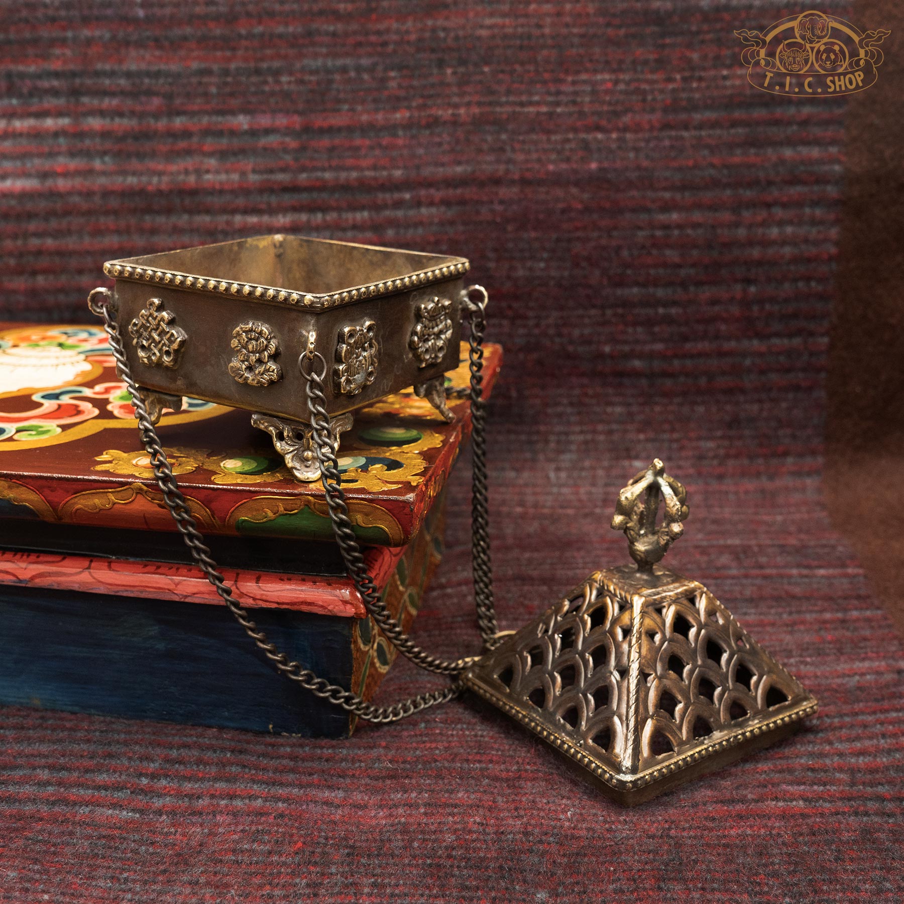Open Handcrafted Antique Brass Square Hanging Incense Burner, Side View