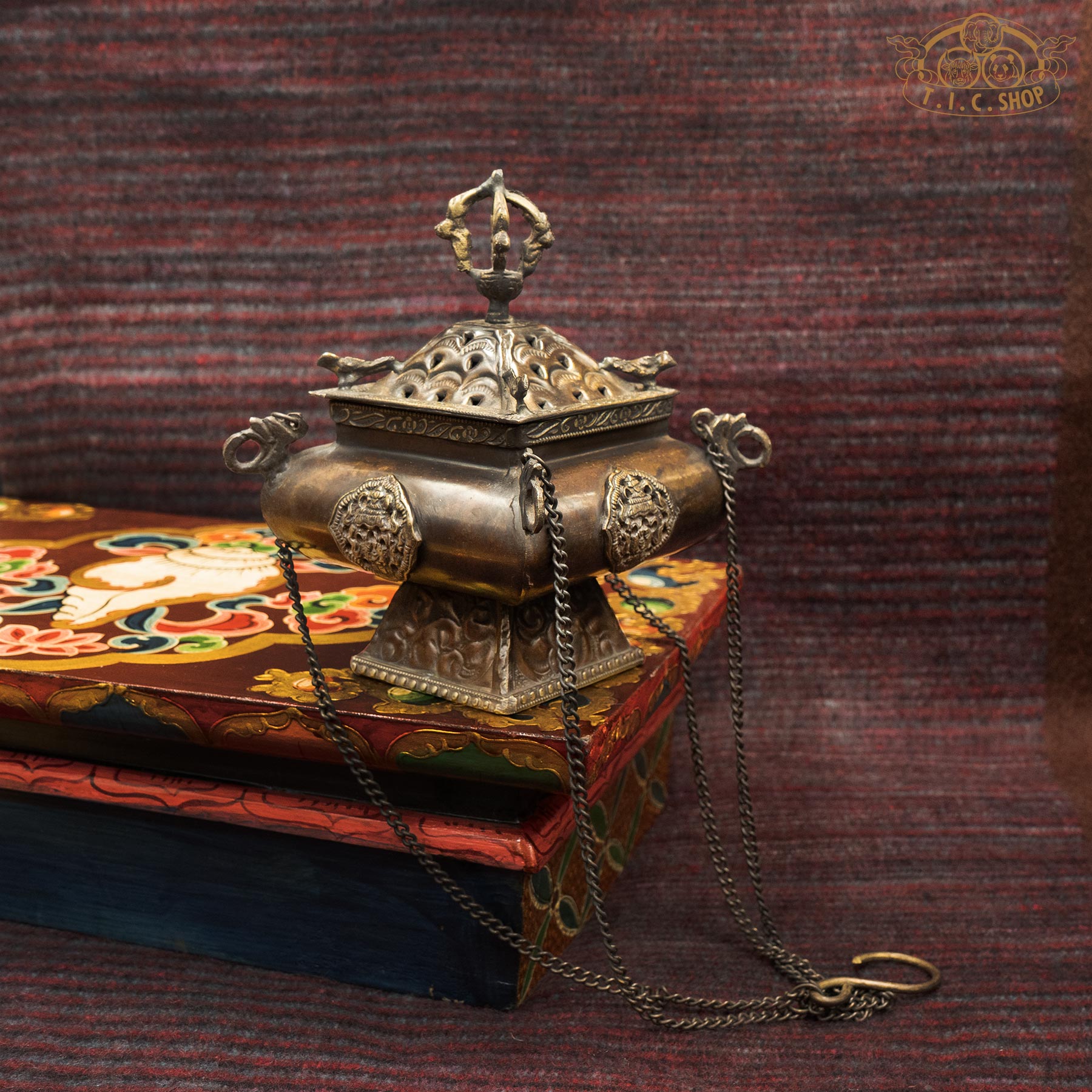 Handcrafted Antique Brass Square Pagoda Hanging Incense Burner