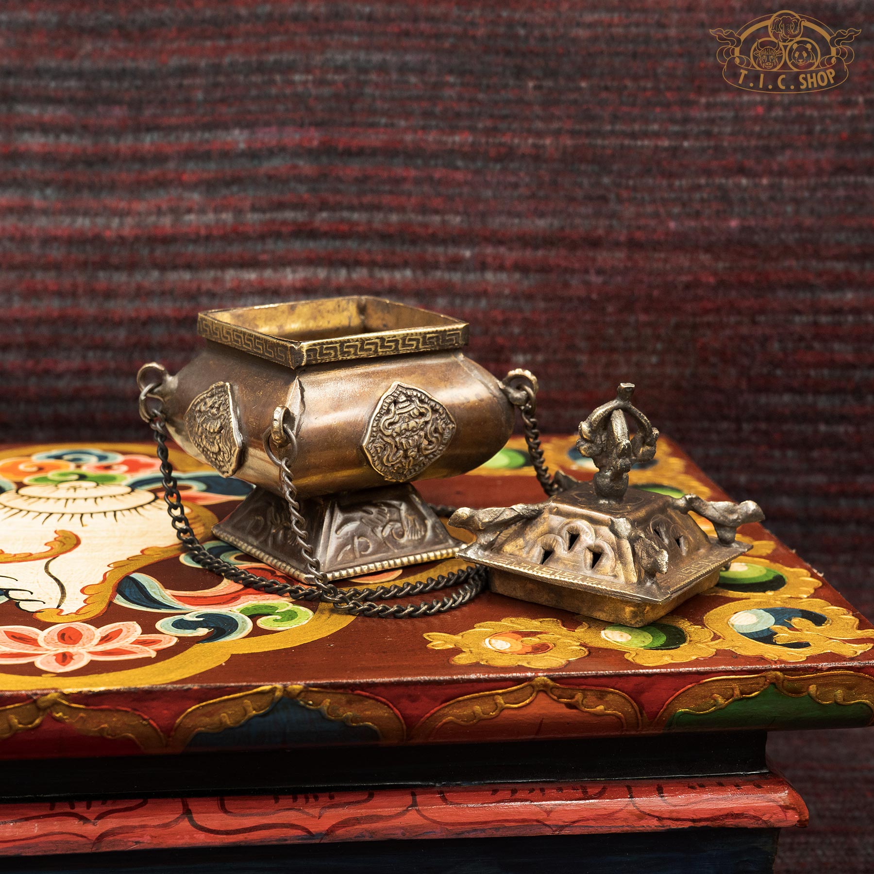 Open Handcrafted Antique Brass Square Pagoda Hanging Incense Burner Small, Side View