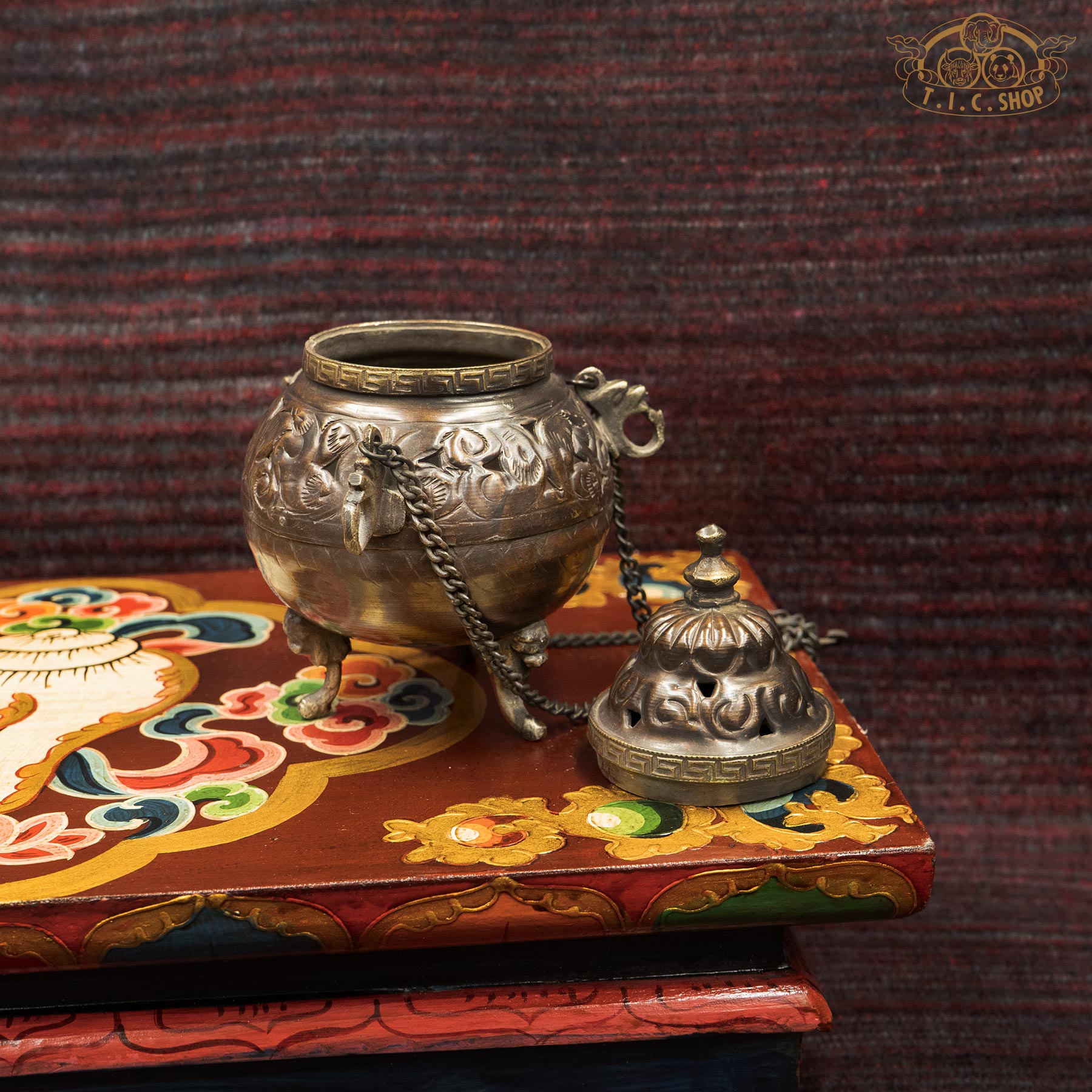Open Handcrafted Antique Brass Tripod Hanging Incense Burner 14.5cm, Side View