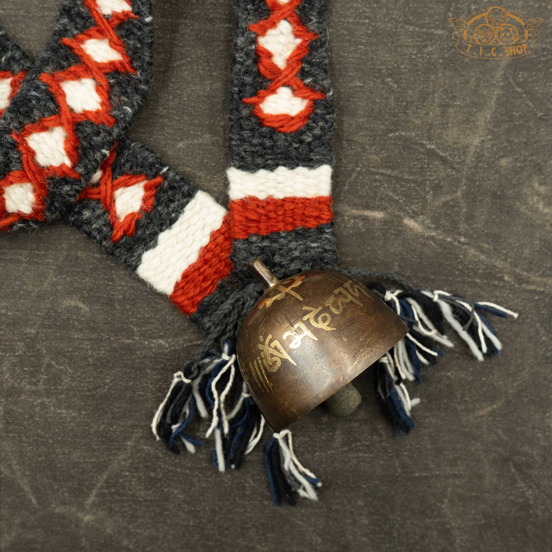 Details of Handmade Himalayan Antique Bronze Yak Bell 7cm with Om Mani Padme Hum and Double Vajra