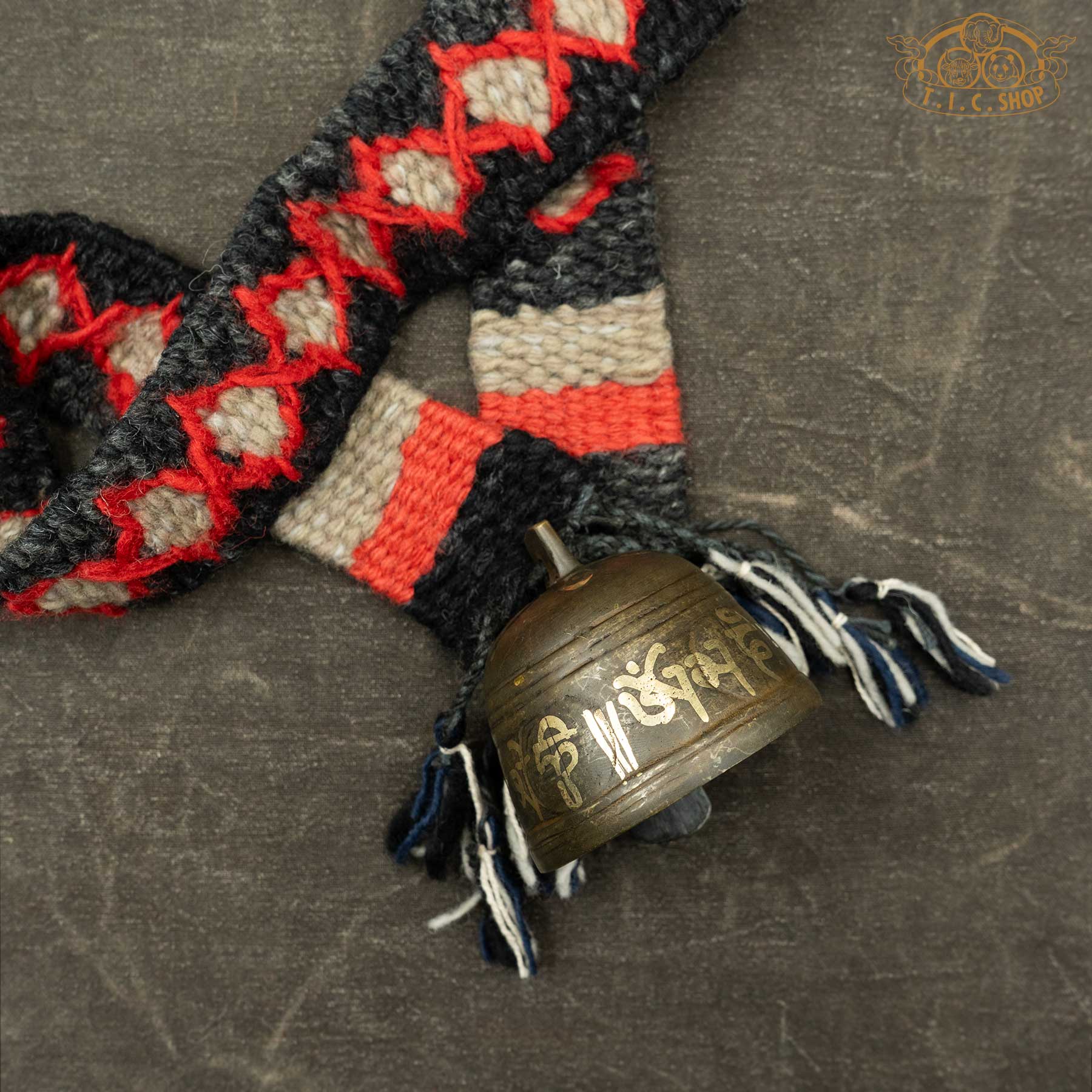 Details of Handmade Himalayan Antique Bronze Yak Bell Large with Om Mani Padme Hum and Buddha Eyes