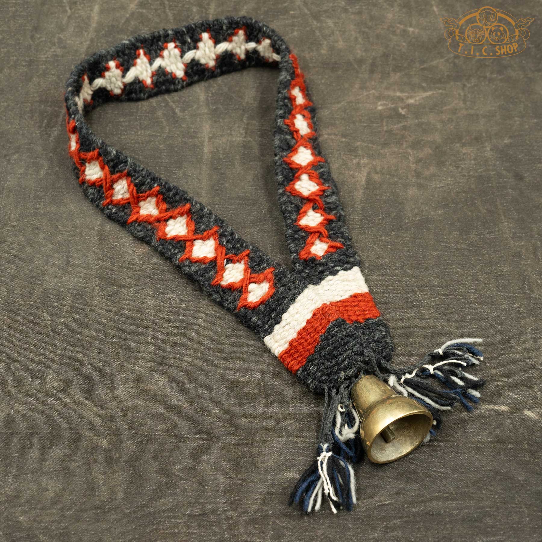Handmade Himalayan Brass Yak Bell Small with handwoven gray strap