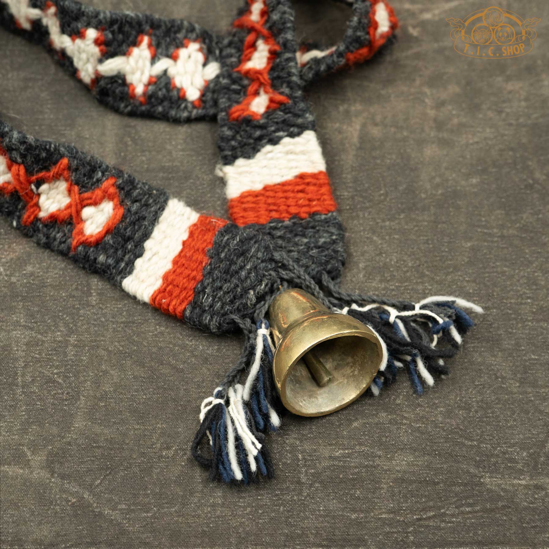 Details of Handmade Himalayan Antique Bronze Yak Bell Small with handwoven gray strap