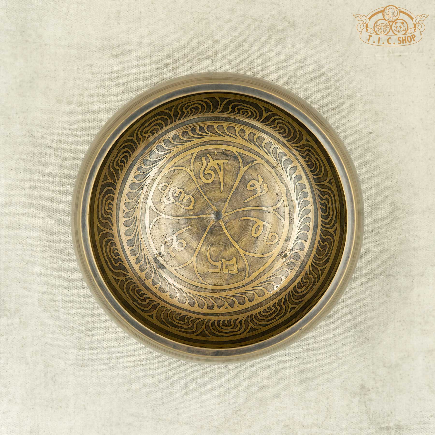 Top View of Om Mani Padme Hum Mantra Brass Singing Bowl 16cm