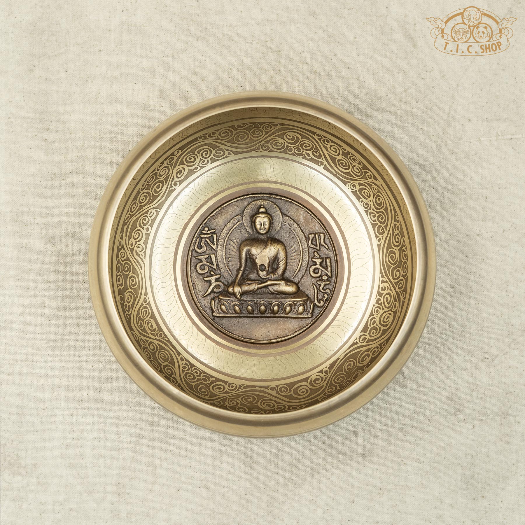 Top View of Shakyamuni Buddha Relief Brass Singing Bowl 15cm