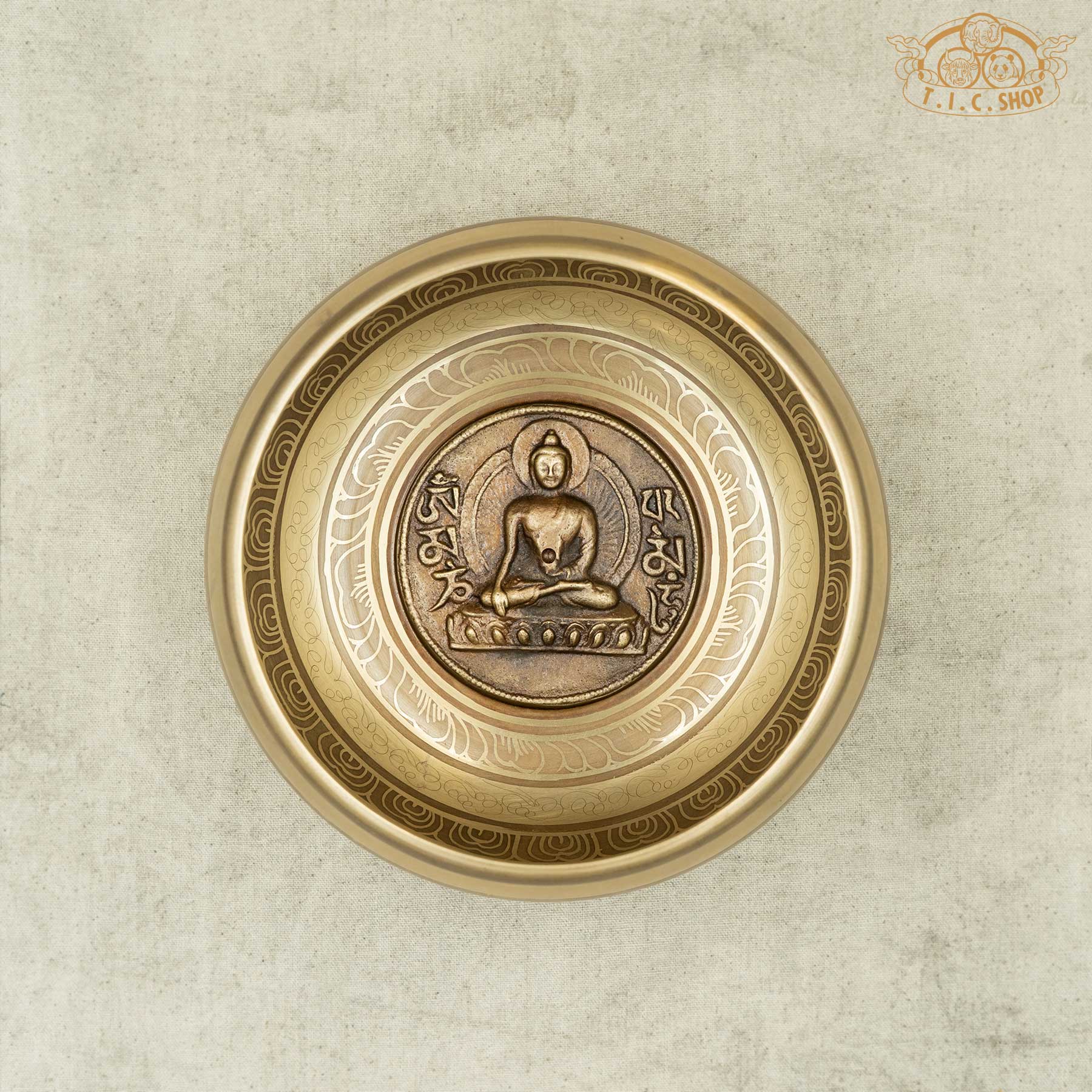 Top View of Shakyamuni Buddha Relief Brass Singing Bowl 15cm