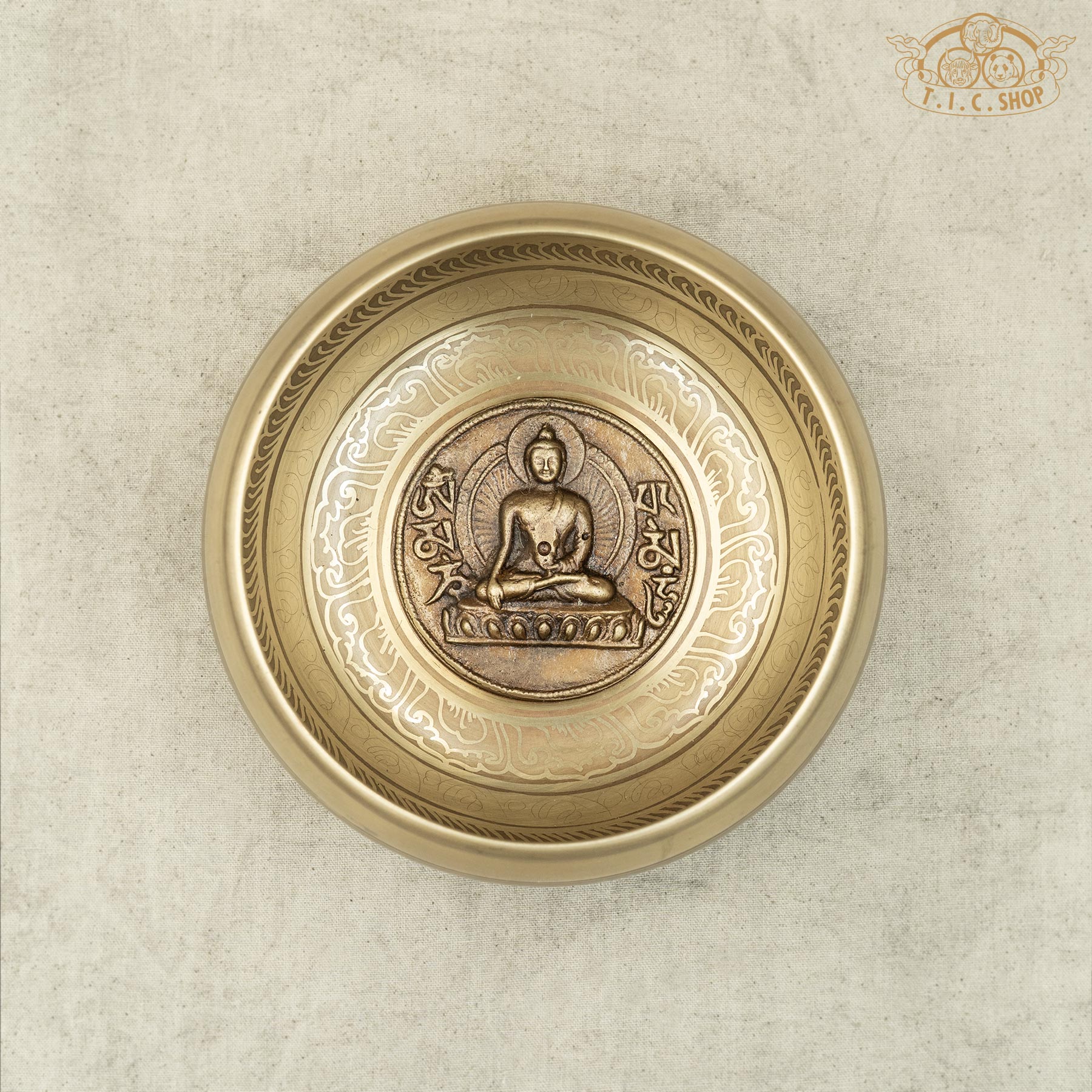 Top View of Shakyamuni Buddha Relief Brass Singing Bowl 15cm