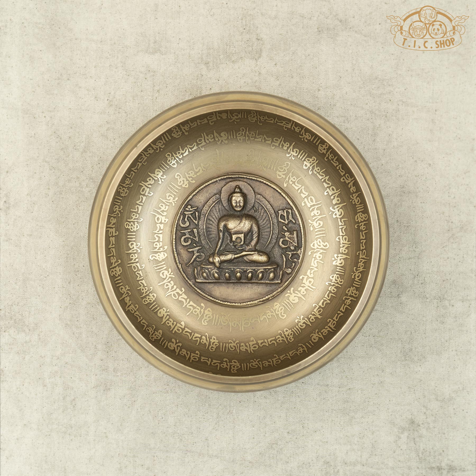 Top View of Shakyamuni Buddha Relief Brass Singing Bowl 15cm