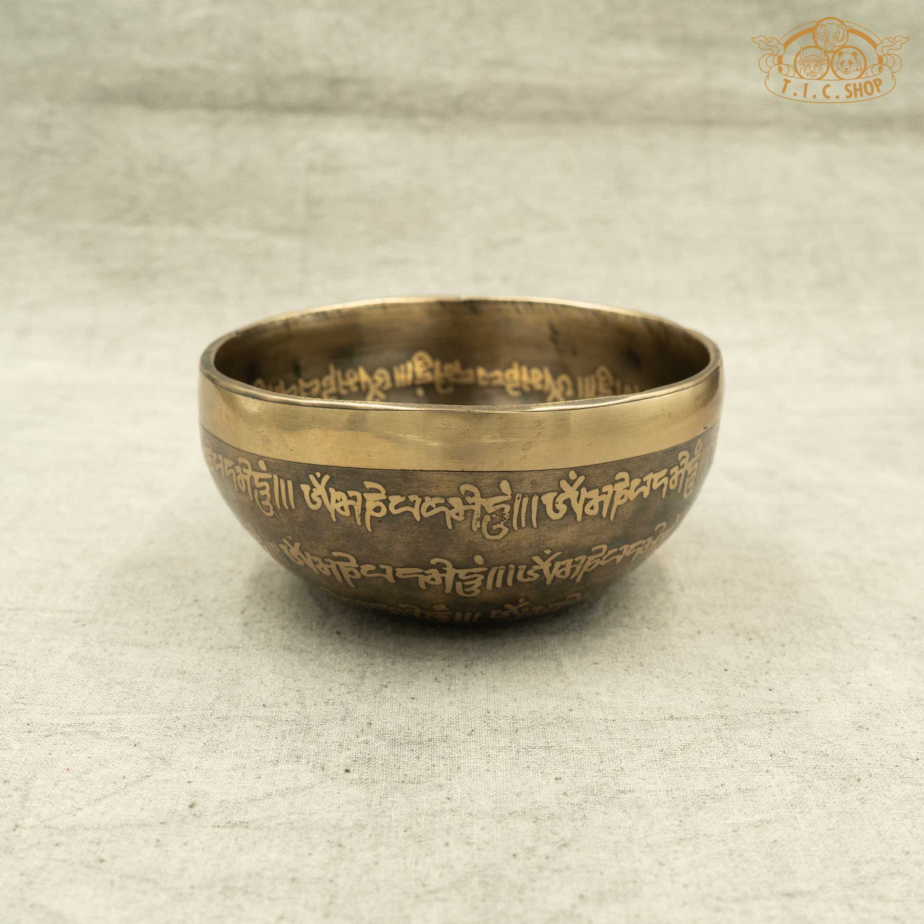 Side view of Bronze Tibetan singing bowl with engraved text OM MANI PADME HUM by Nepal artisans
