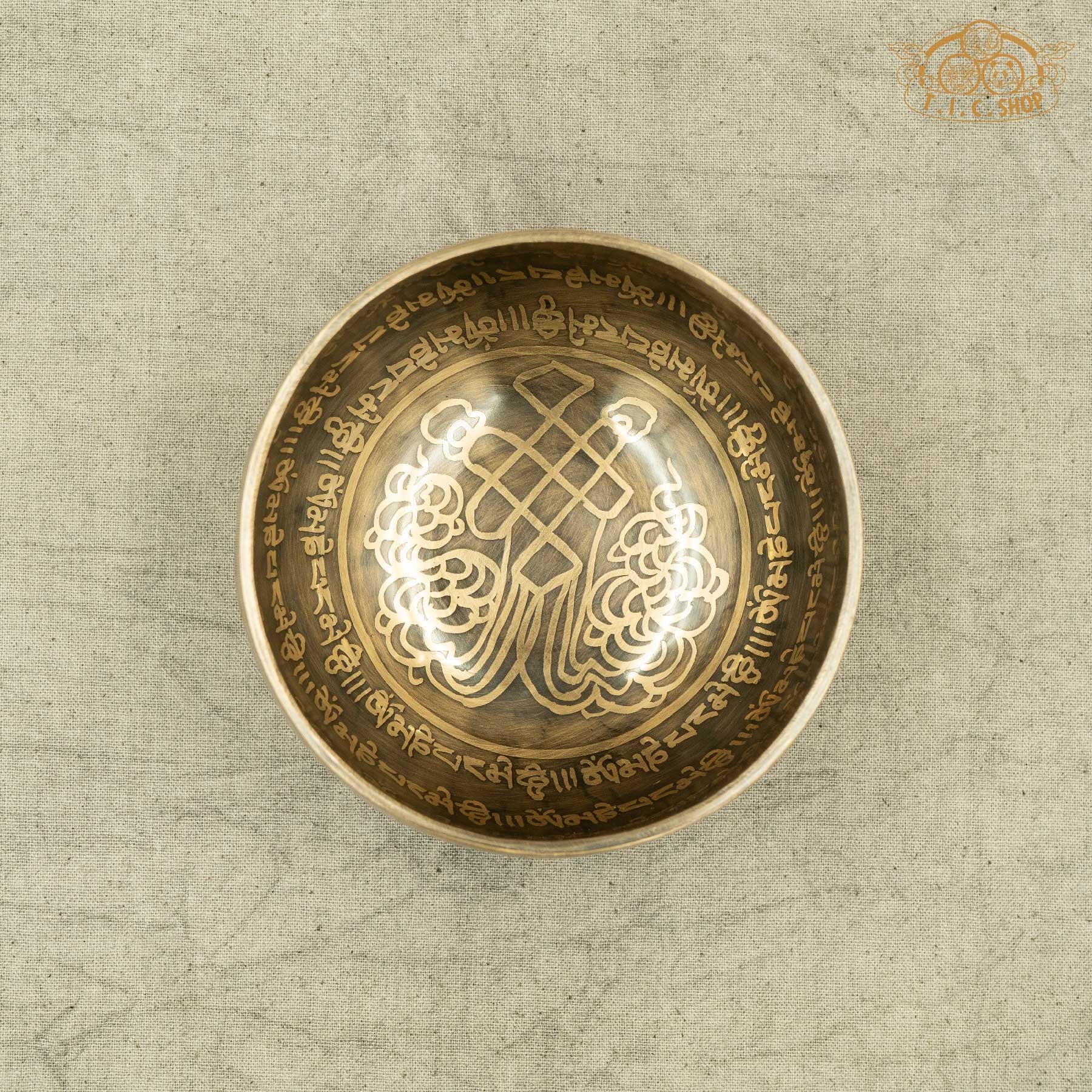 Top view of Singing Bowl with Endless Knot Symbol, handmade in Nepal for meditation and spiritual practice