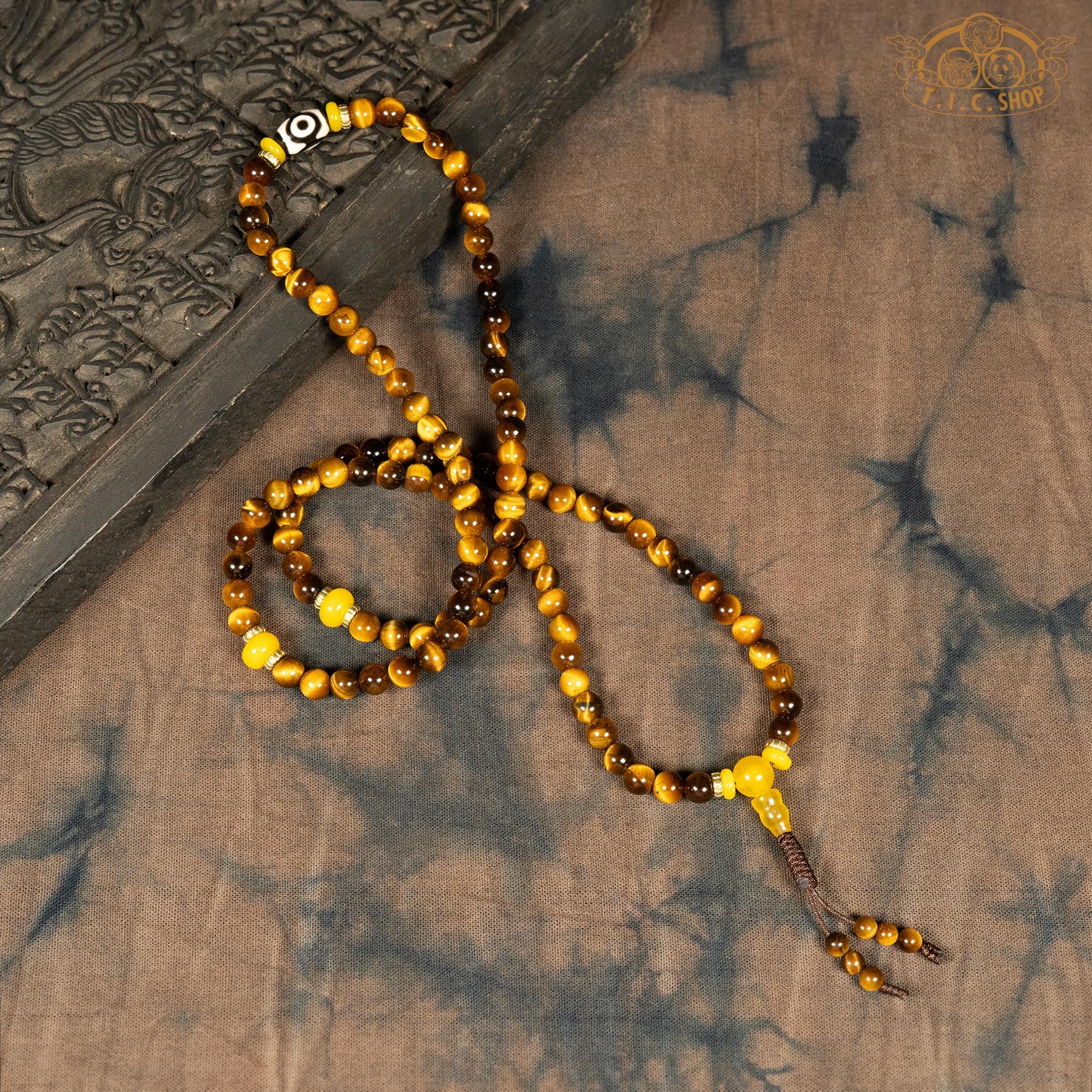 Full view of tiger's eye stone 6mm 108-Bead traditional prayer mala