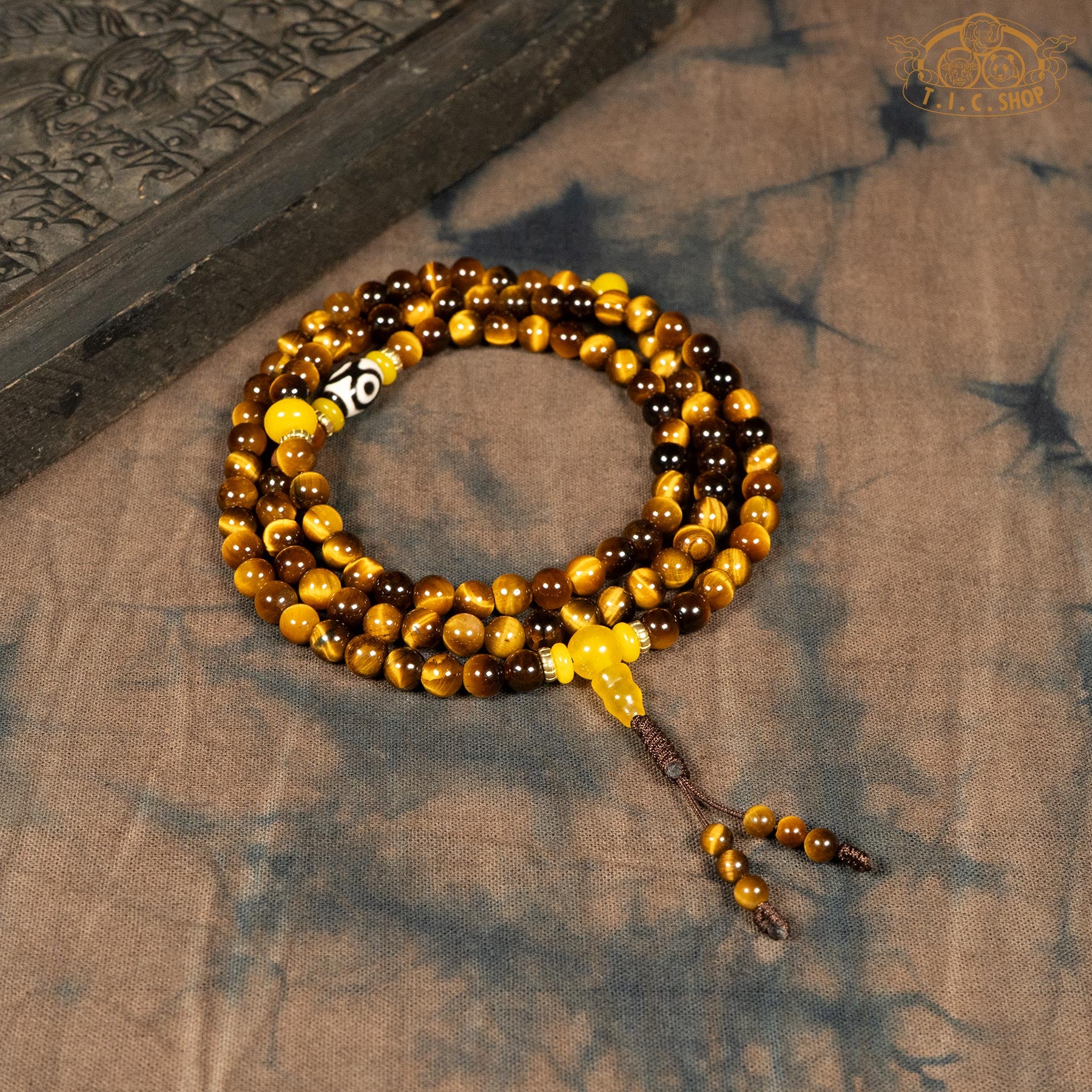 Tiger's eye stone 6mm 108-Bead traditional prayer mala with hanging beads