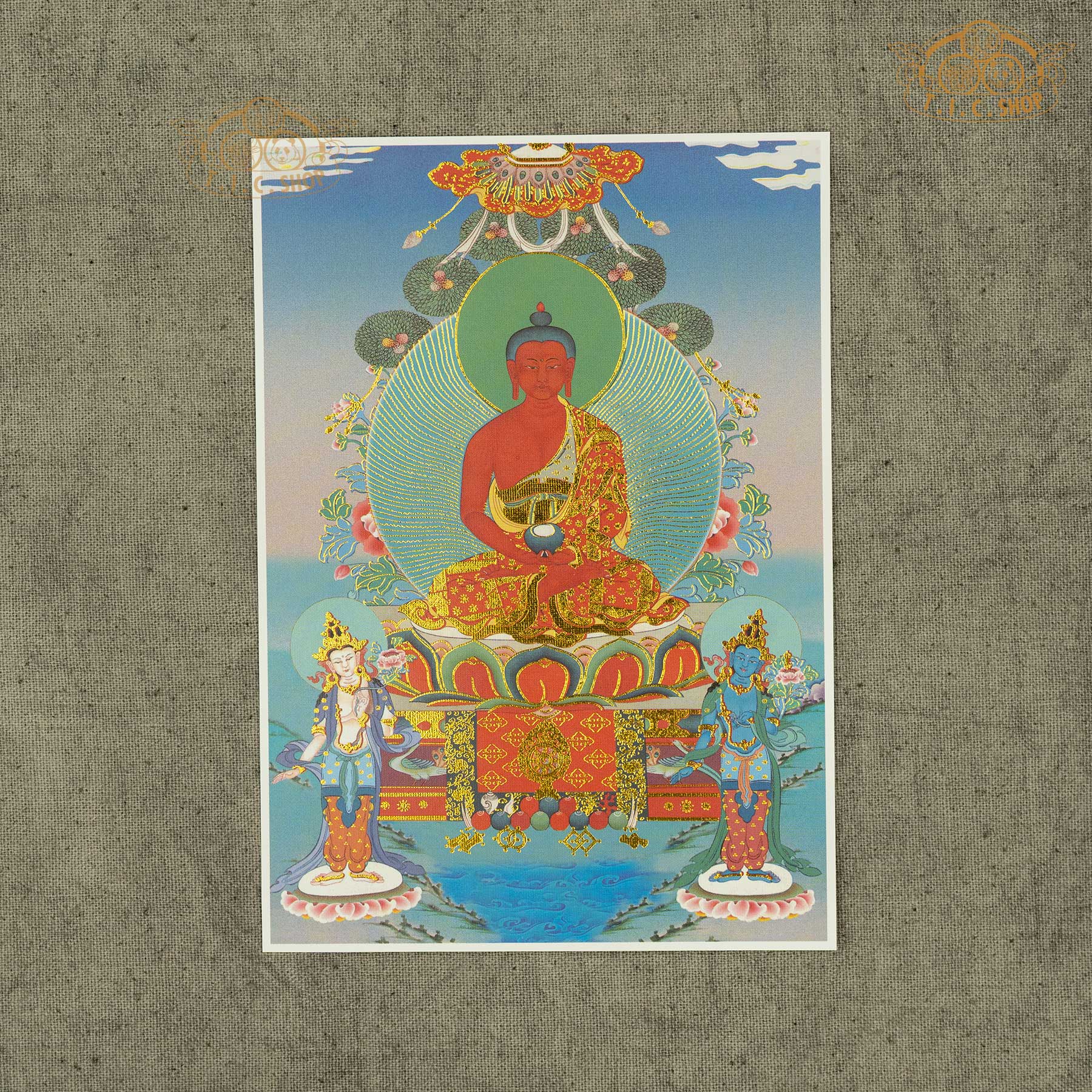 “High-definition Amitabha Buddha image on canvas fabric with gold stamping, Tibetan Buddhist sacred artwork symbolizing infinite light, compassion, and spiritual awakening